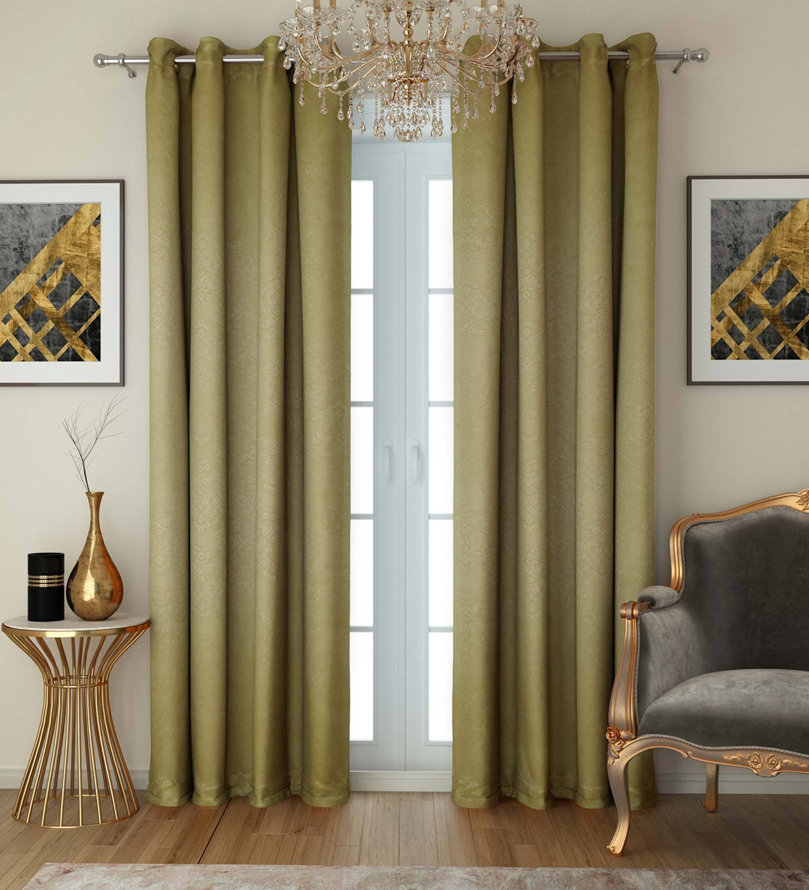 Green Solid Faux Silk 8 Ft Blackout Eyelet Door Curtains (Set of 2)
