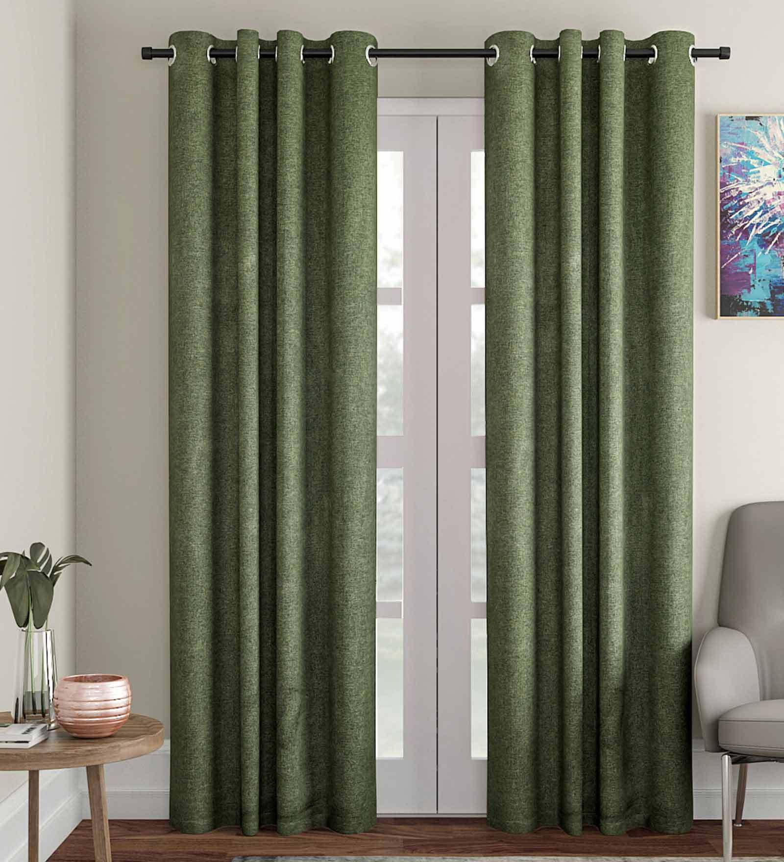 Green Solid Jute 7 Ft Light Filtering Eyelet Door Curtain
