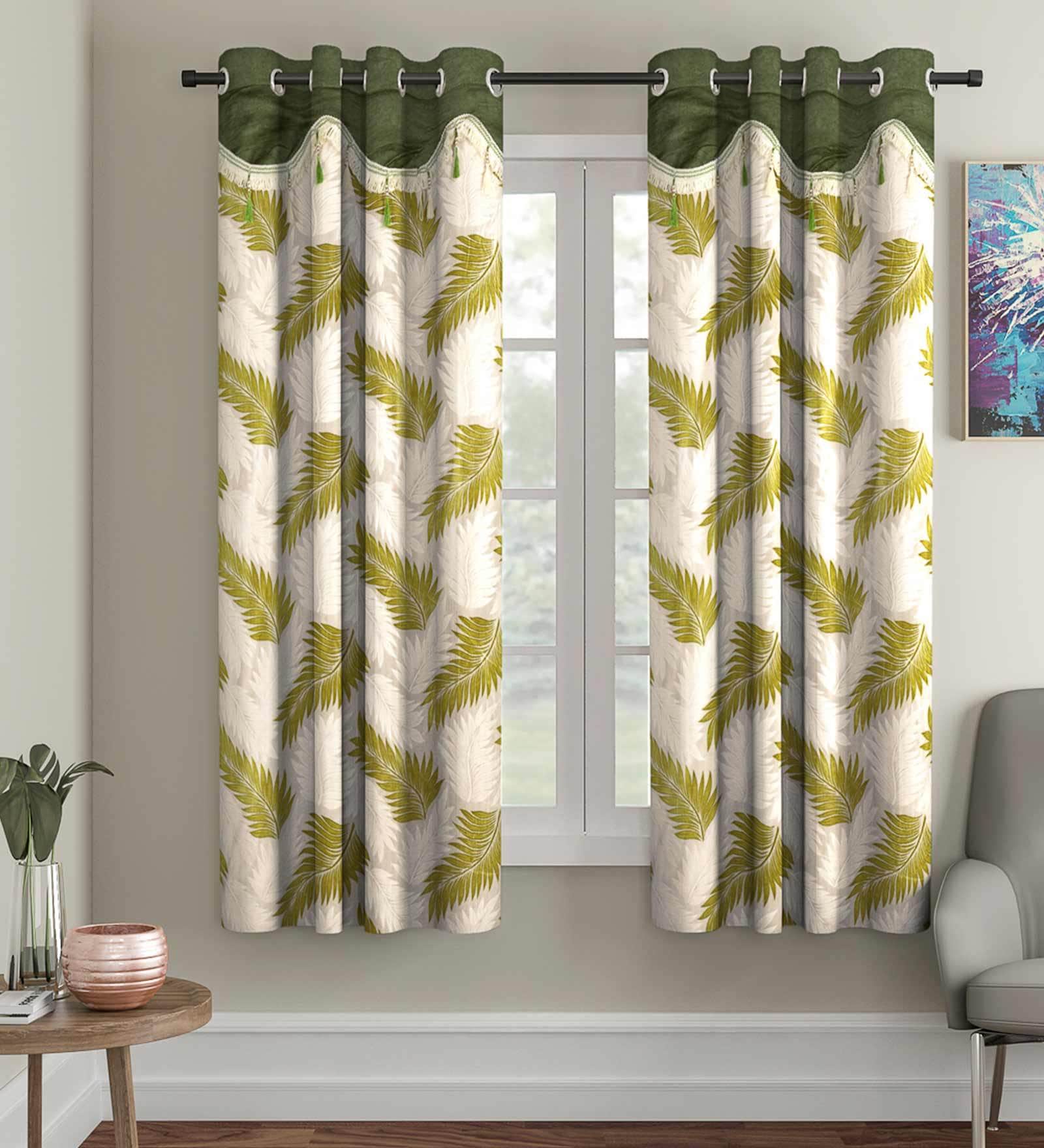 Green Floral Polyester 5 Ft Semisheer Eyelet Window Curtains (Set of 2)