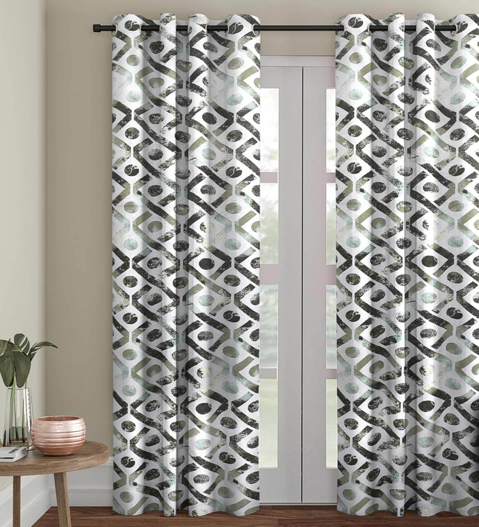 Silver Polyester Velvet Geometric 7FT Light Filtering Eyelet Door Curtains (Pack of 1)