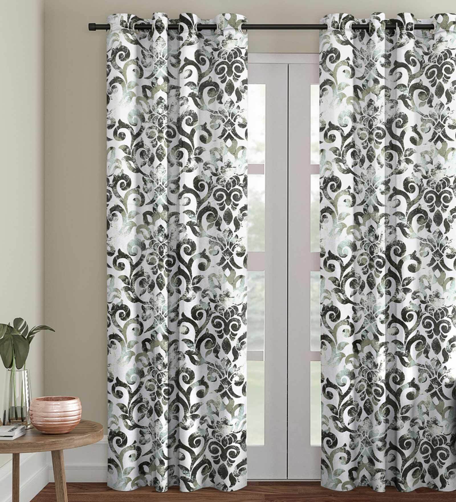 Silver Polyester Velvet Ethnic Motif 7FT Light Filtering Eyelet Door Curtains (Pack of 1)