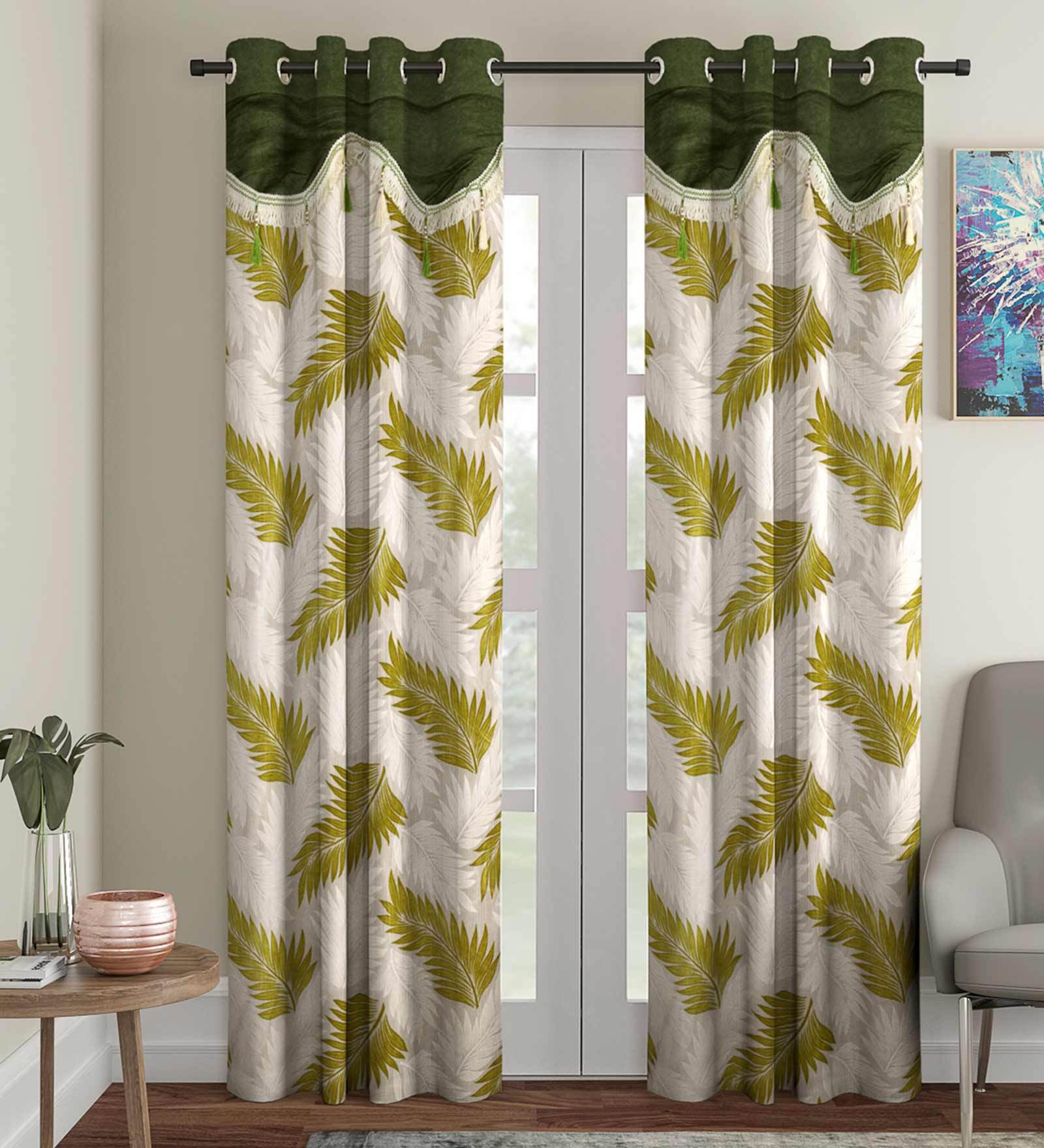 Green Floral Polyester 7 Ft Semisheer Eyelet Door Curtains (Set of 2)