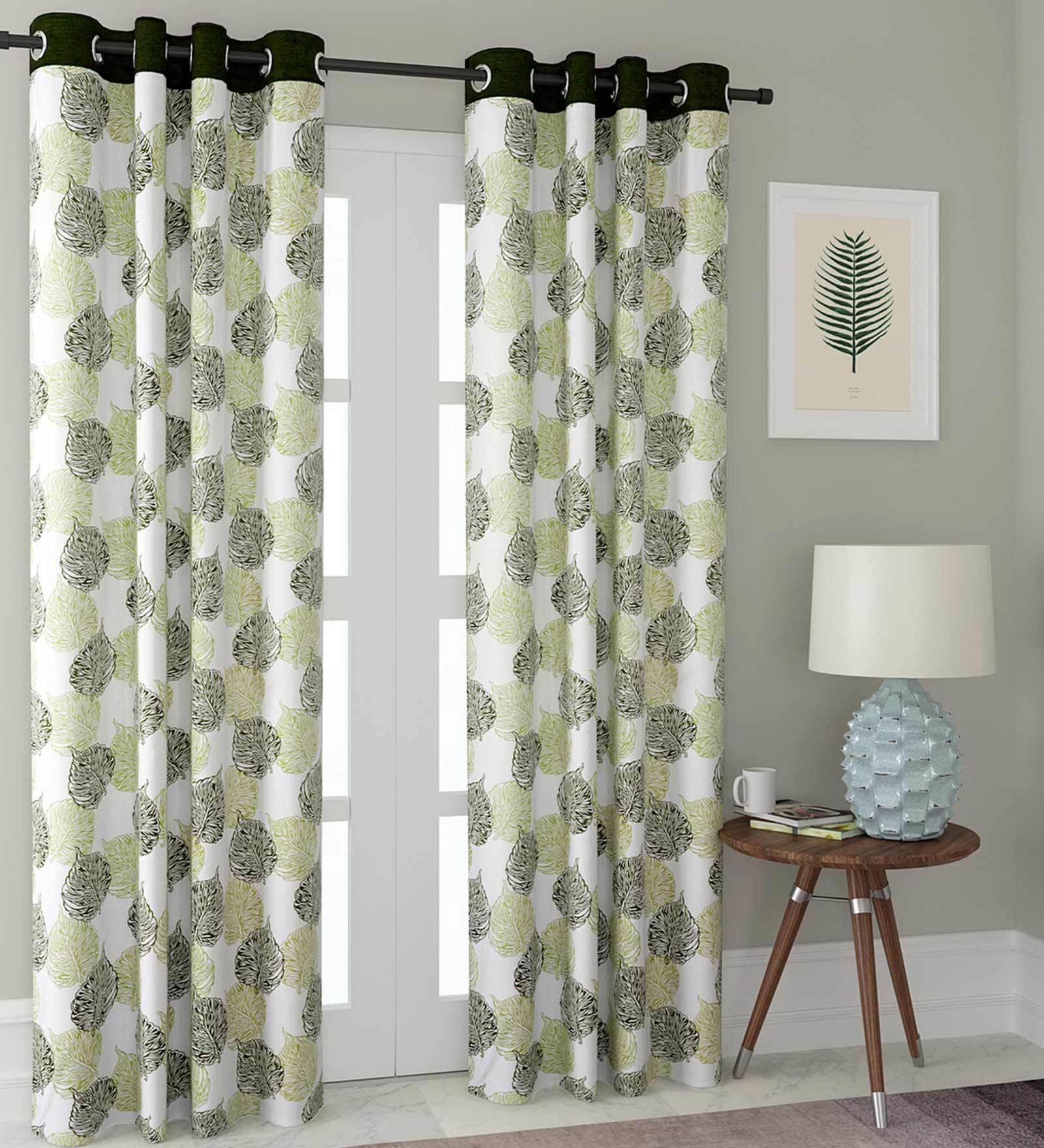 Green Floral Polyester 7 Ft Semisheer Eyelet Door Curtains (Set of 2)