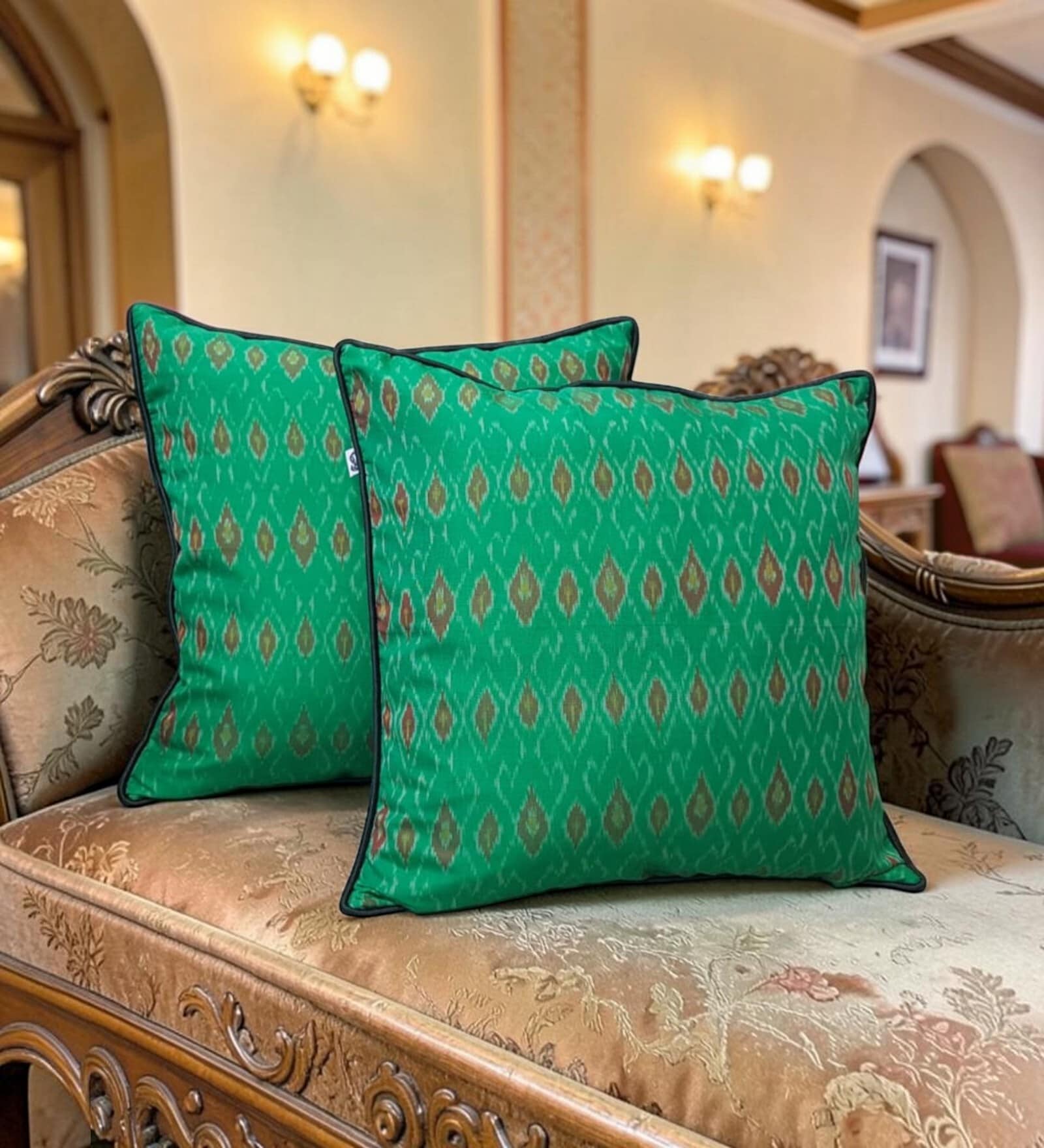 Green Blended Cotton and Silk Woven Ikat 16x16 inches Cushion Covers (Set of 2)