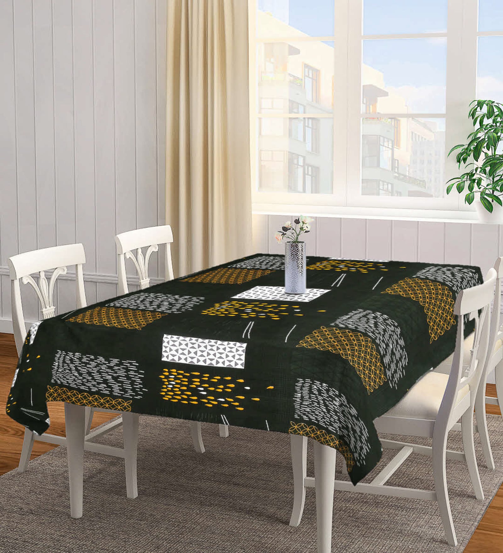Green Blended Cotton Geometric 86x60 Inches Table linen