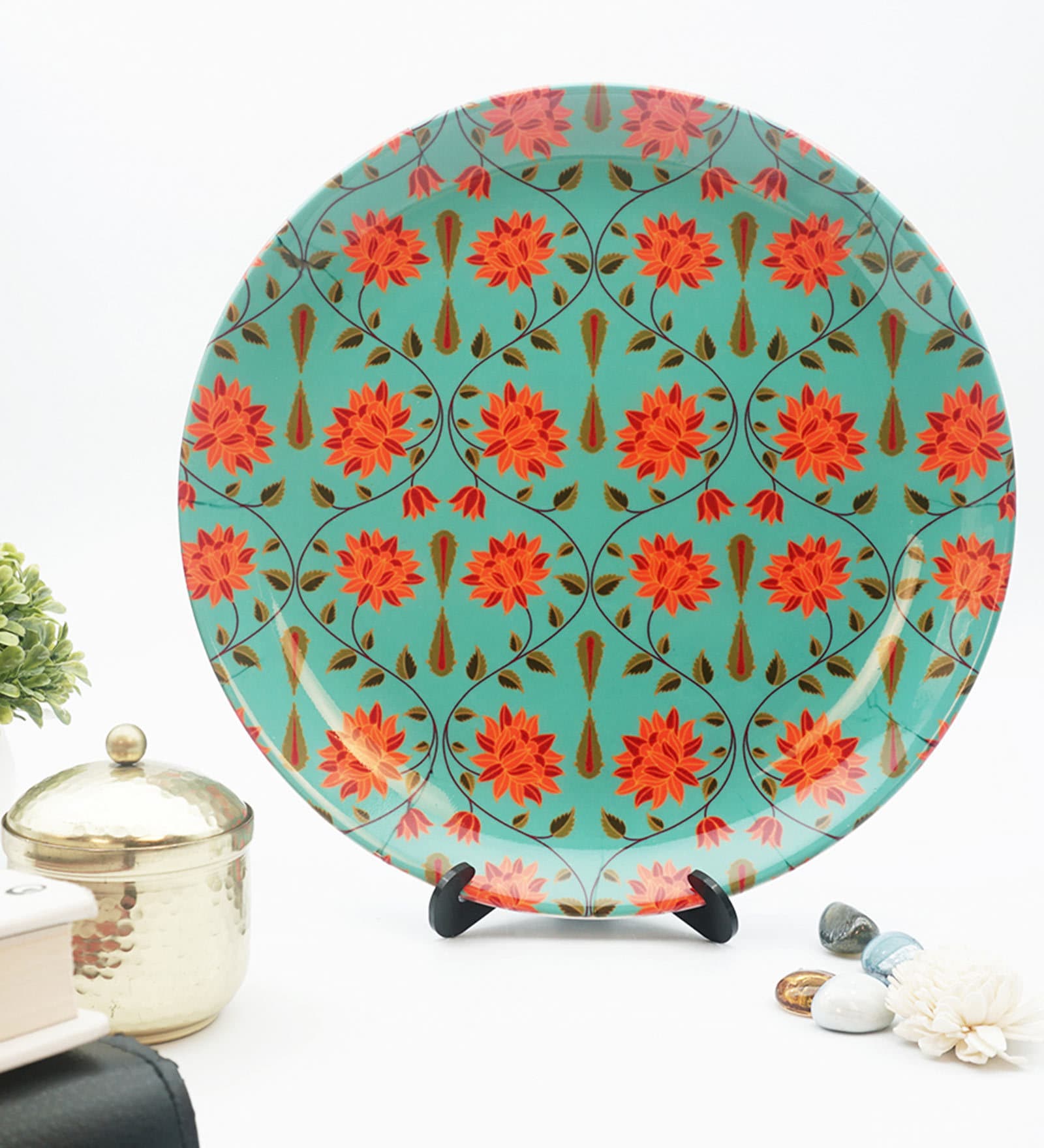 Green Ceramic Babur Inspired Green Decorative Plate Showpiece