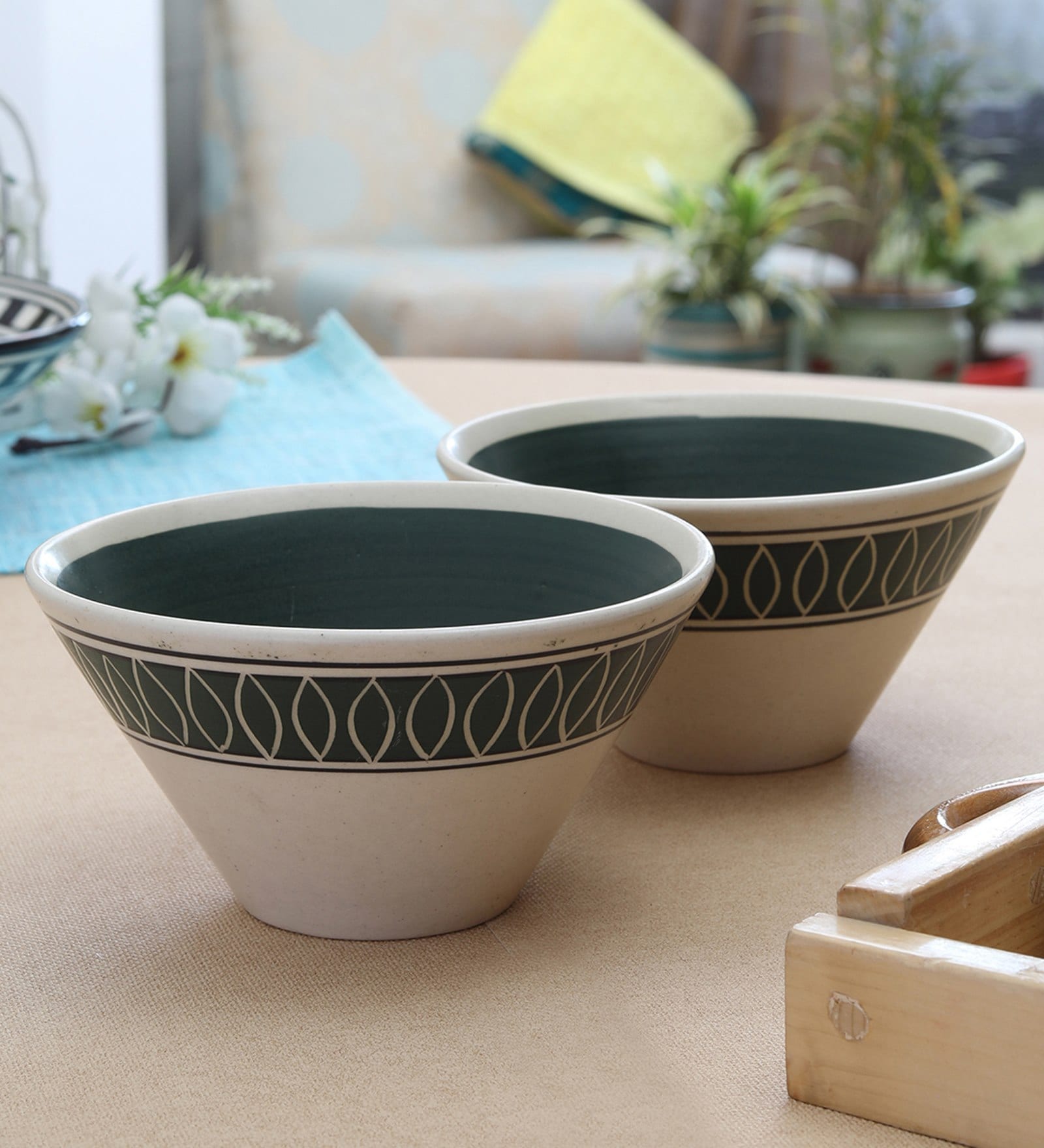 Merca 560ml White & Green Ceramic (Set of 2) Dinner Bowl