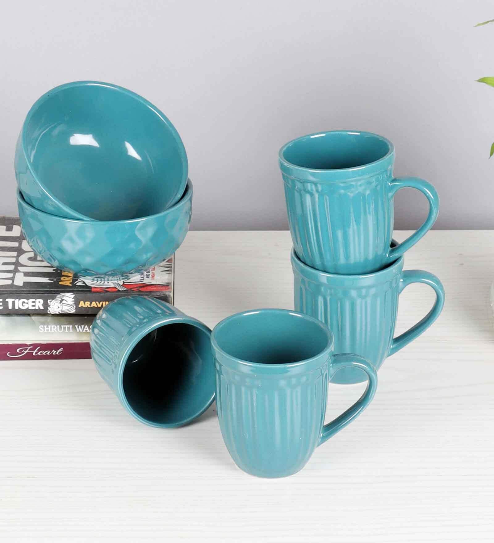 Green Ceramic Mug & Bowl Combo Set of 6