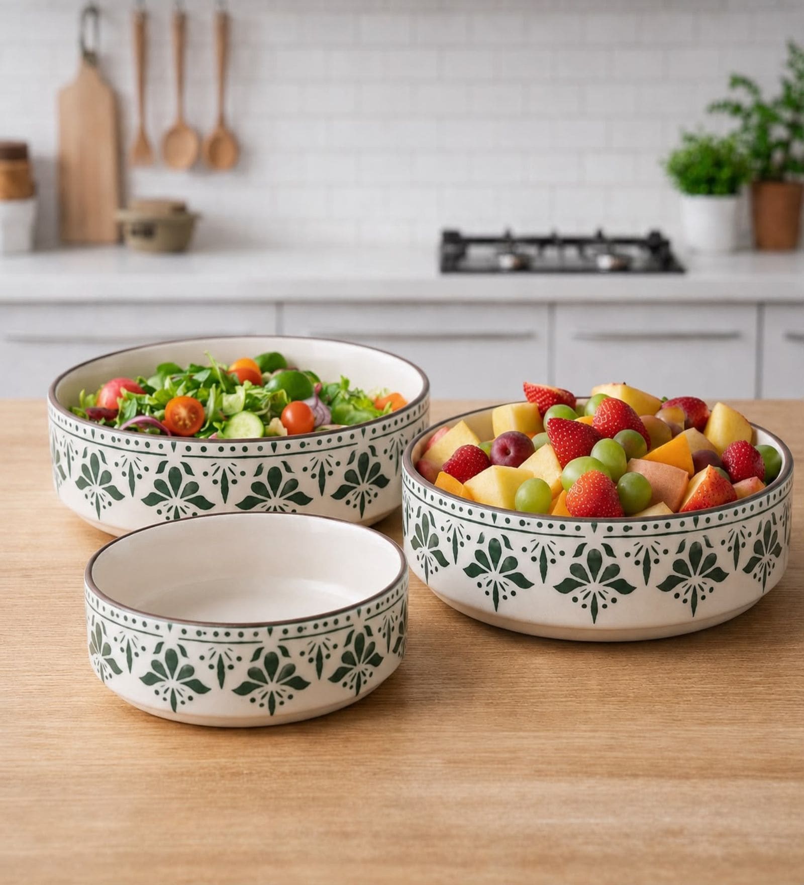 Green Ceramic Serving Bowl Set of 3 (500 ML, 600 ML & 800 ML)