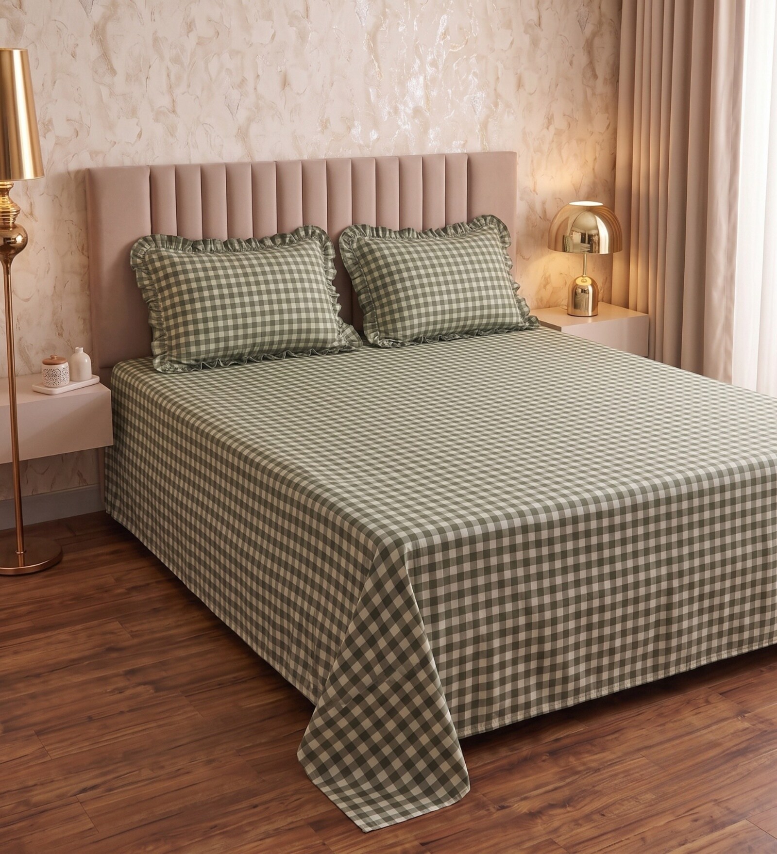 Green Checkerd 260 TC Polycotton Double Flat Bedsheet with 2 Frill Pillow Covers