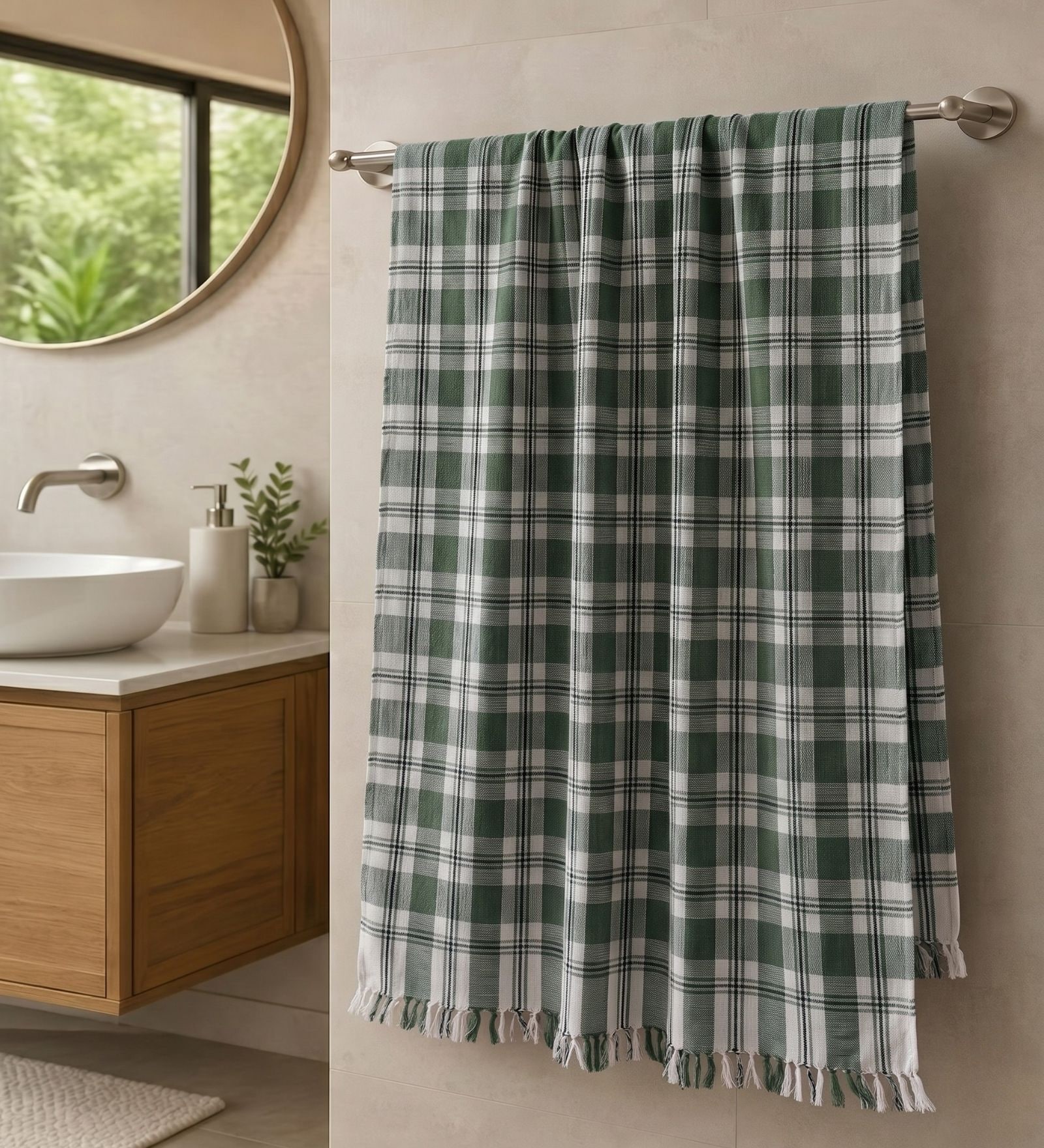 Green Checkered Cotton 210 GSM Bath Towel Green Checkered Cotton 210 GSM Bath Towel