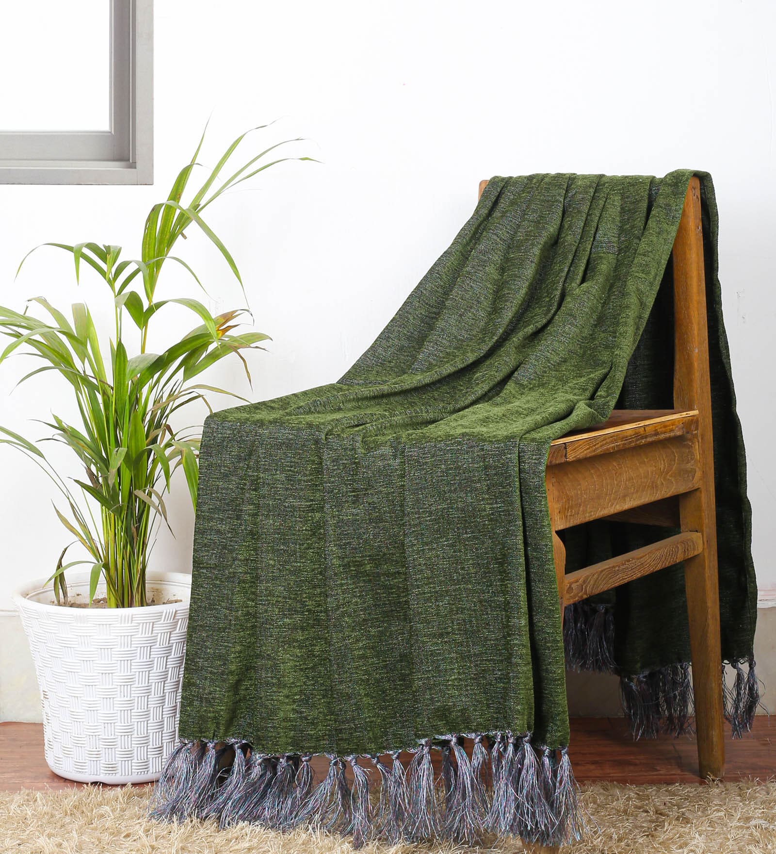 Green Chenille Plain Solid Pattern 60 X 50 Inch Throw
