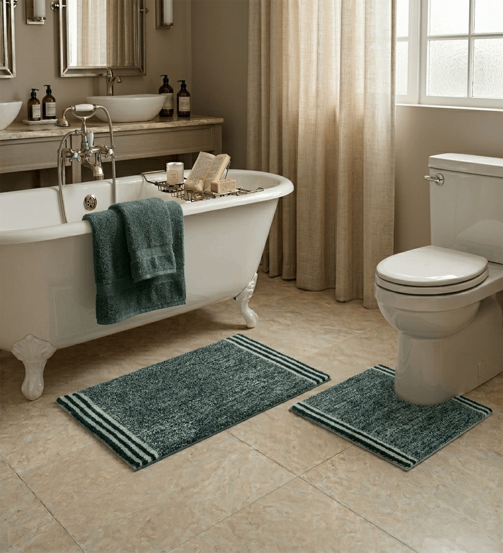 Green Cotton 20X30 Inches Anti-Skid Bath Mat Set Of 2