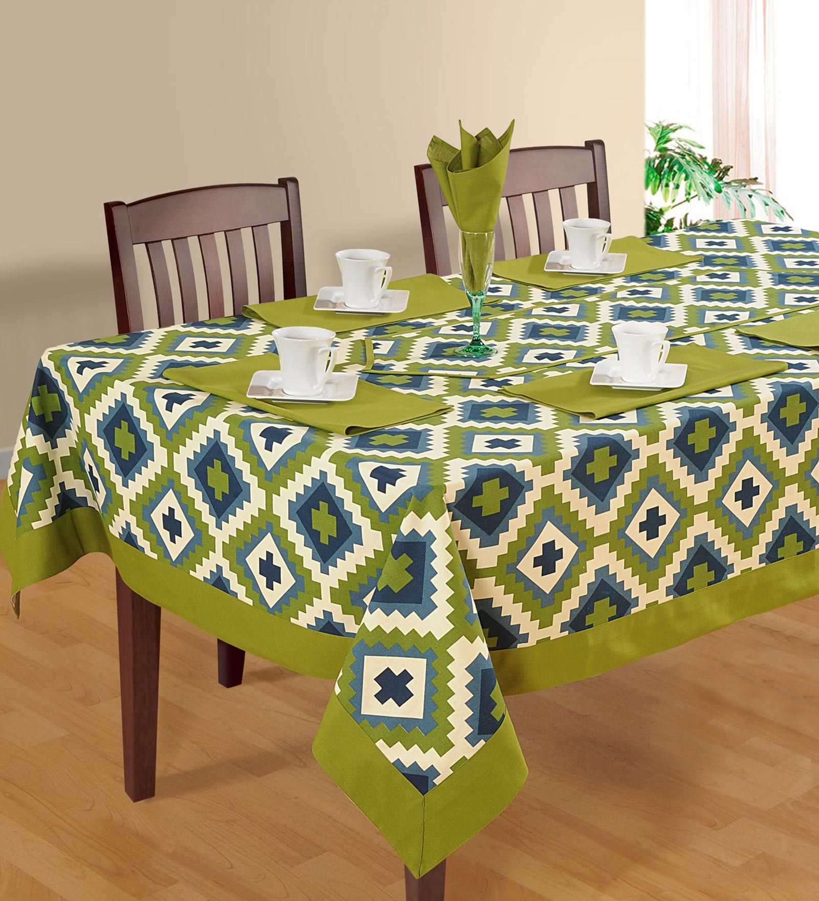 Puzzled (59x59) Green & Cream Cotton Table Cloth
