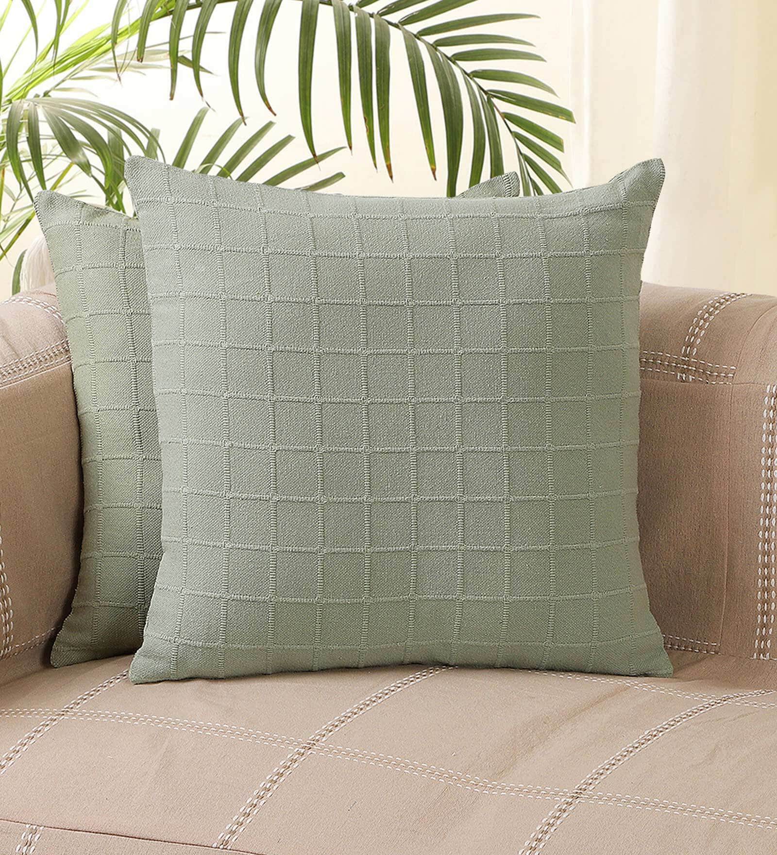 Green Geometric Cotton 16 x 16 Inches Cushion Covers (Set of 2)