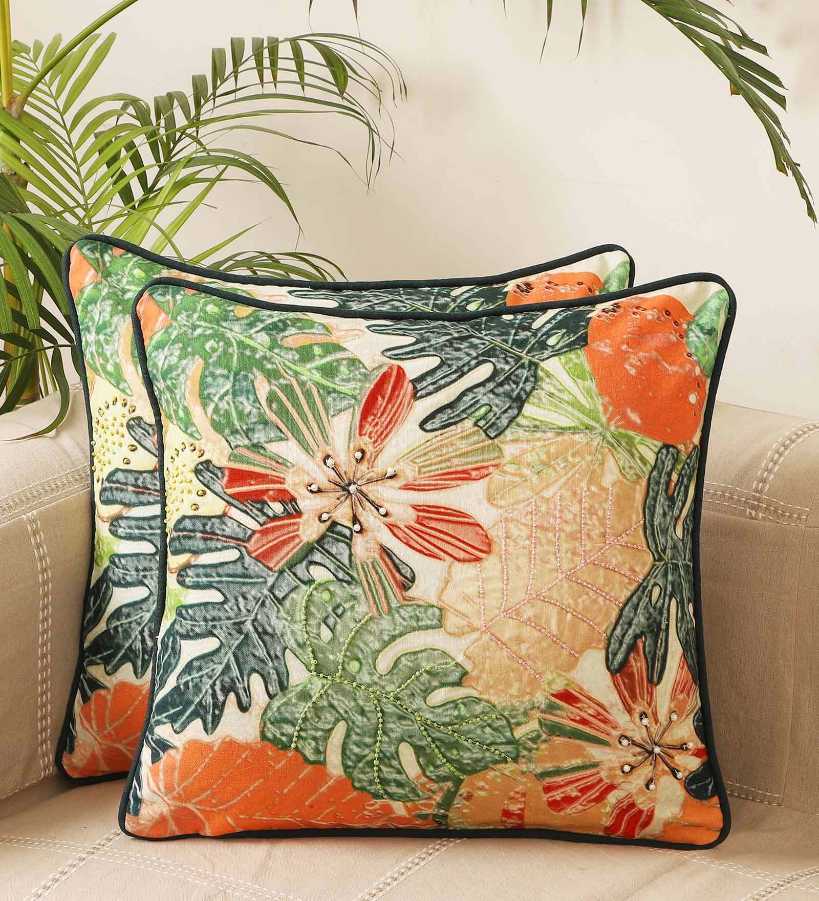 Green Cotton Floral 18 x 18 Inches Cushion Cover (Set Of 2)