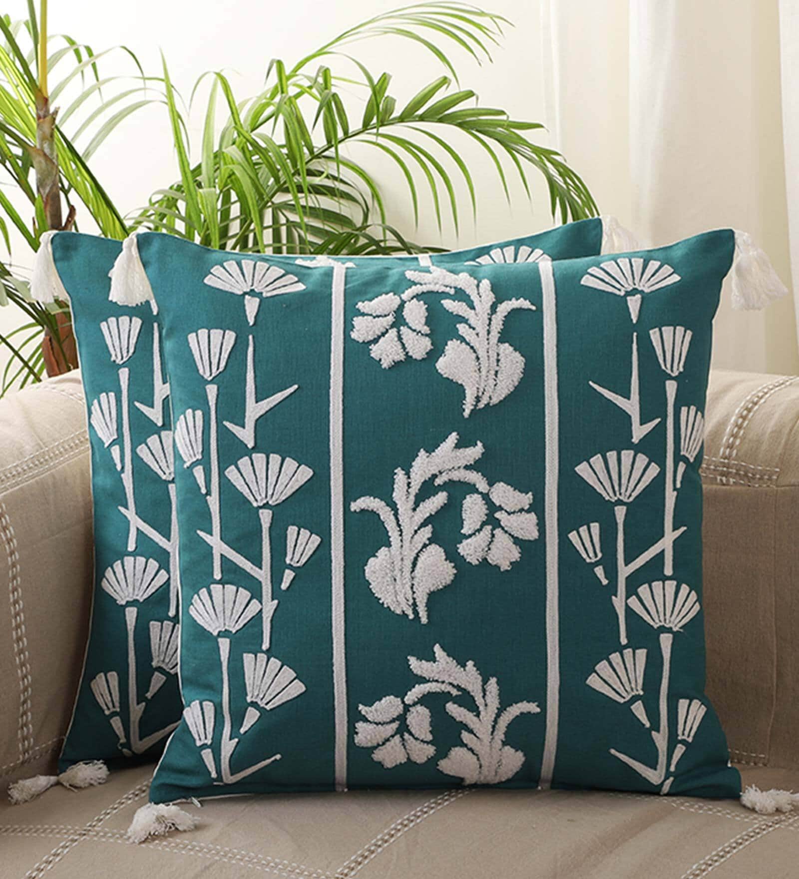Green Cotton Floral 18 x 18 Inches Cushion Cover (Set Of 5)