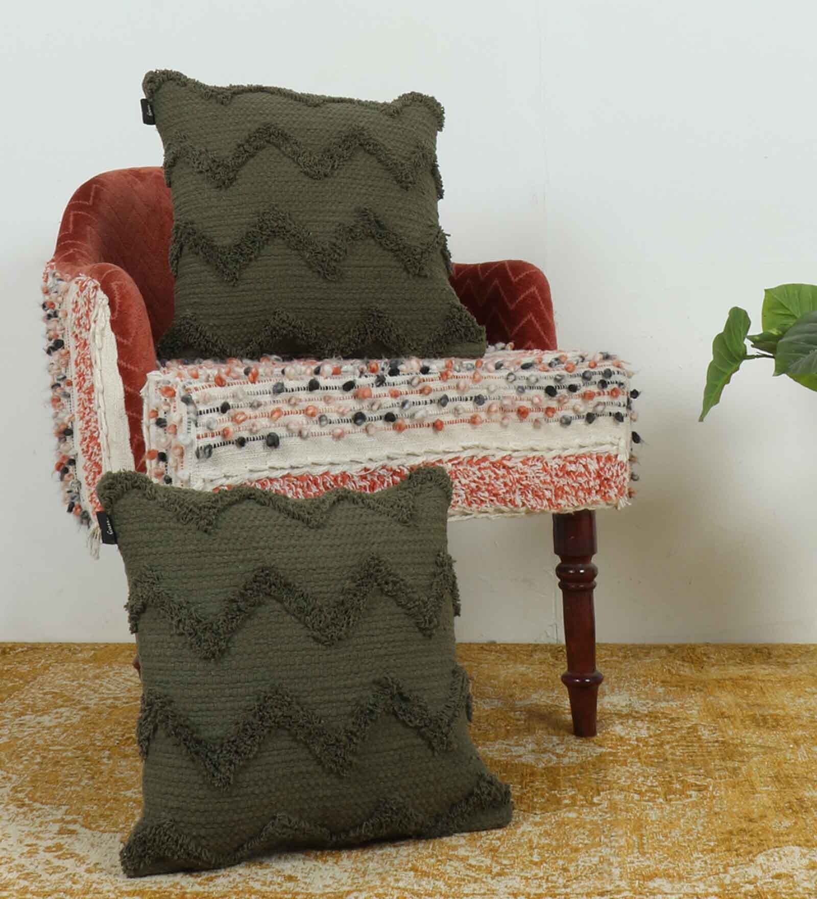 Green Woven Zig Zag Cotton 16 x 16 Inches Cushion Covers (Set of 2)