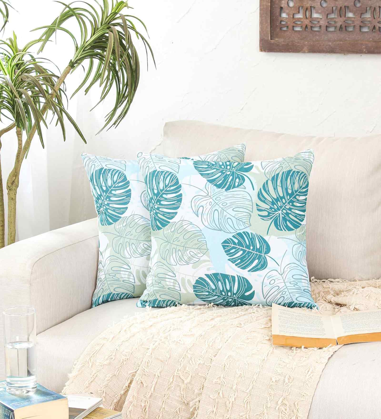 Green Cotton Floral 16x16 inches Cushion Cover Set of 2