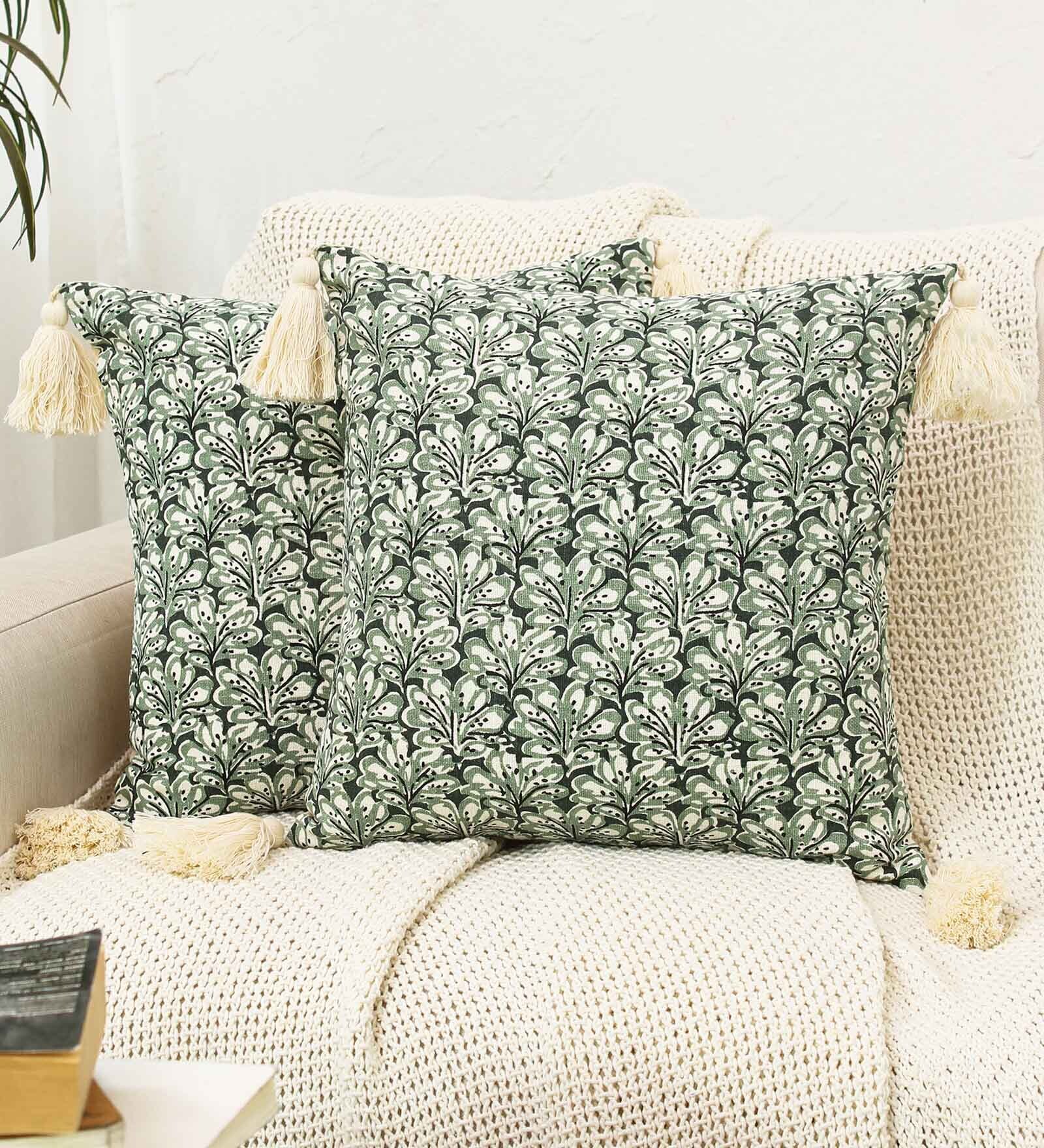Green Cotton Abstract 16x16 inches Cushion Covers (Pack of 2)