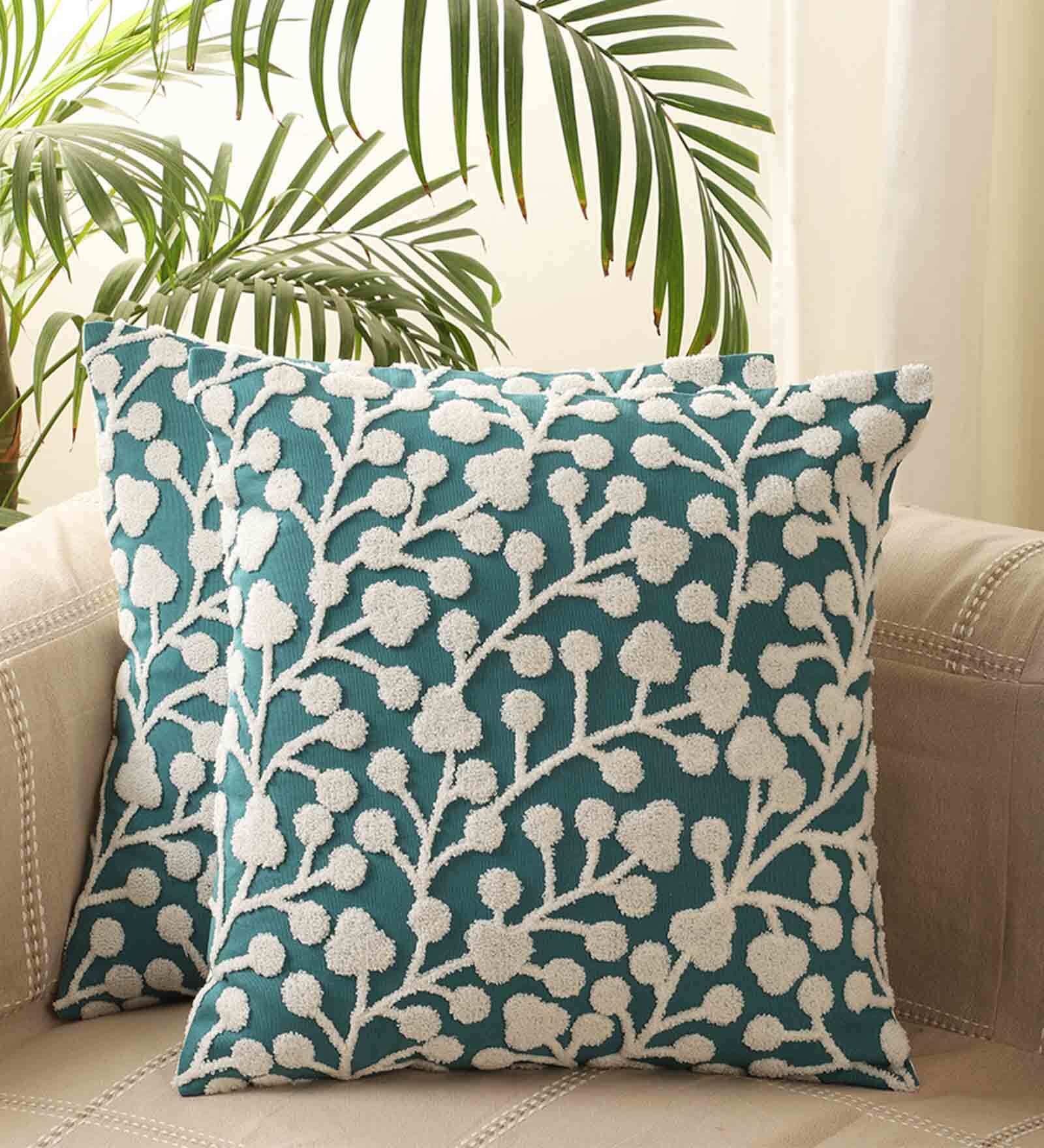Green Woven Cotton 18 x 18 Inches Cushion Covers (Set of 2)
