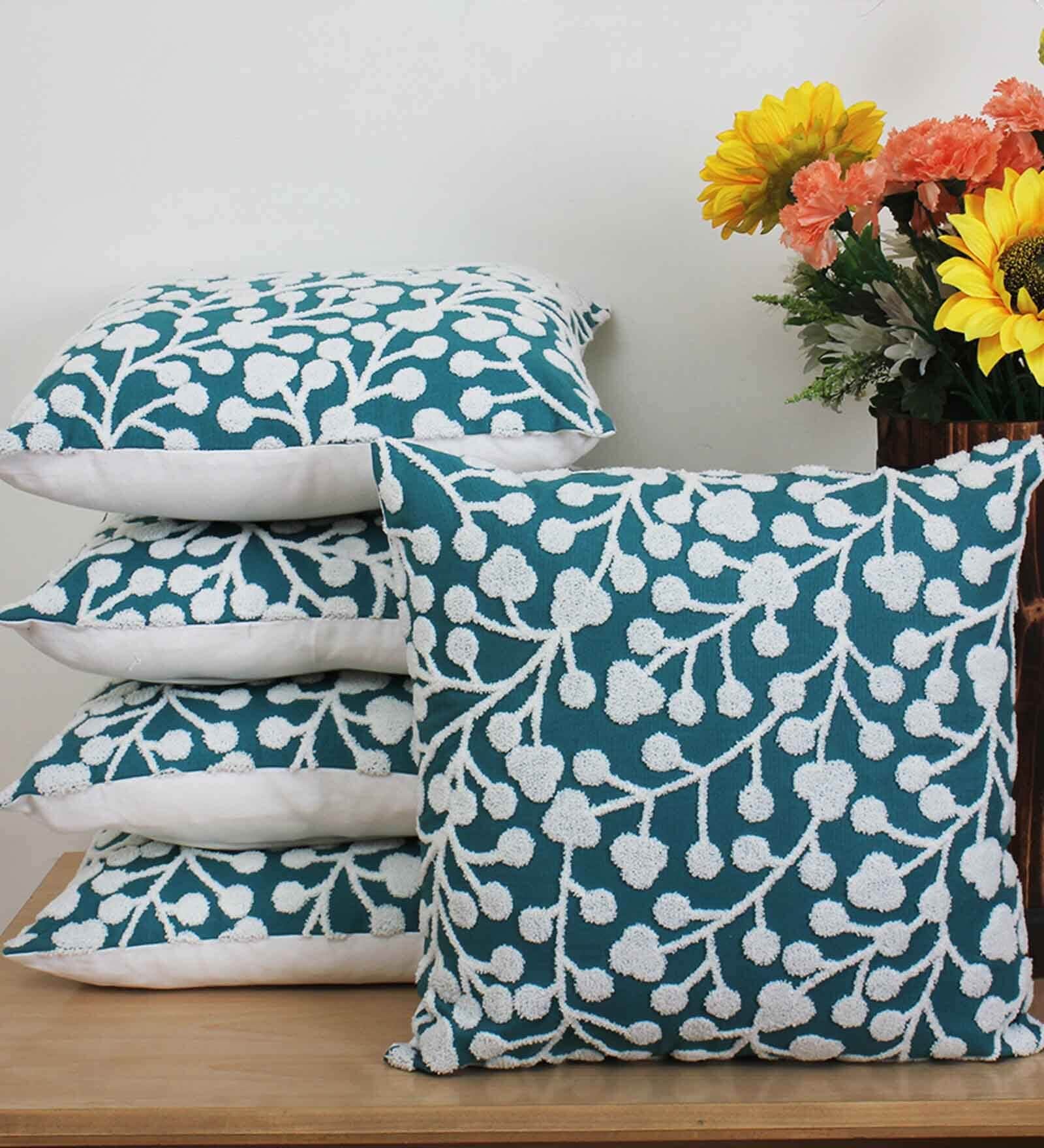 Green Cotton Abstract 18x18 inches Cushion Covers (Set of 5)