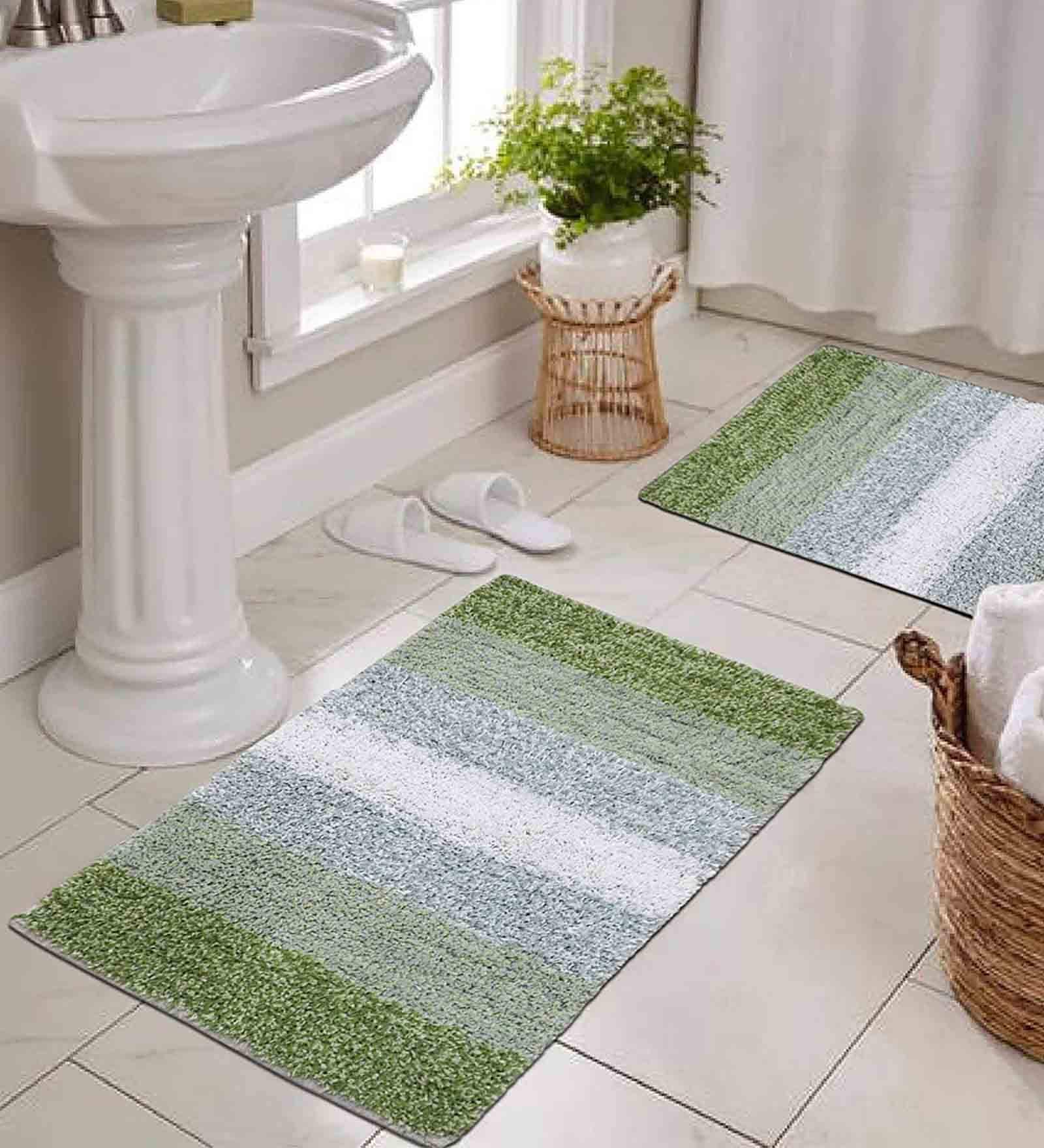 Green Geometric Cotton 16x20 Inches AntiSkid Bath Mat (Set of 2)