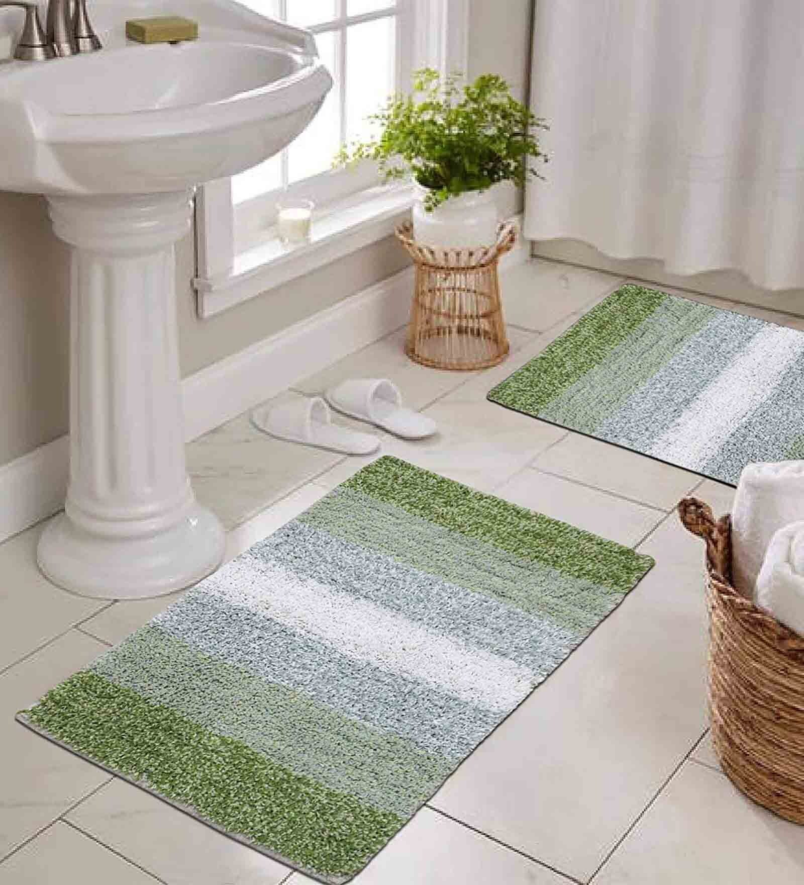 Green Geometric Cotton 16x24 Inches AntiSkid Bath Mat (Set of 2)