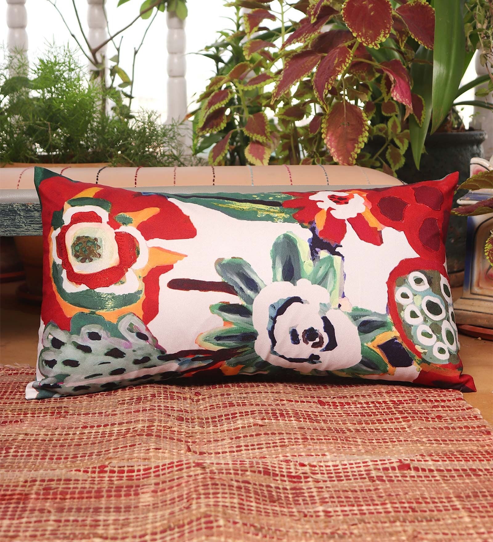 Multicolor Floral Cotton Blend 22 x 12 Inches Cushion Cover