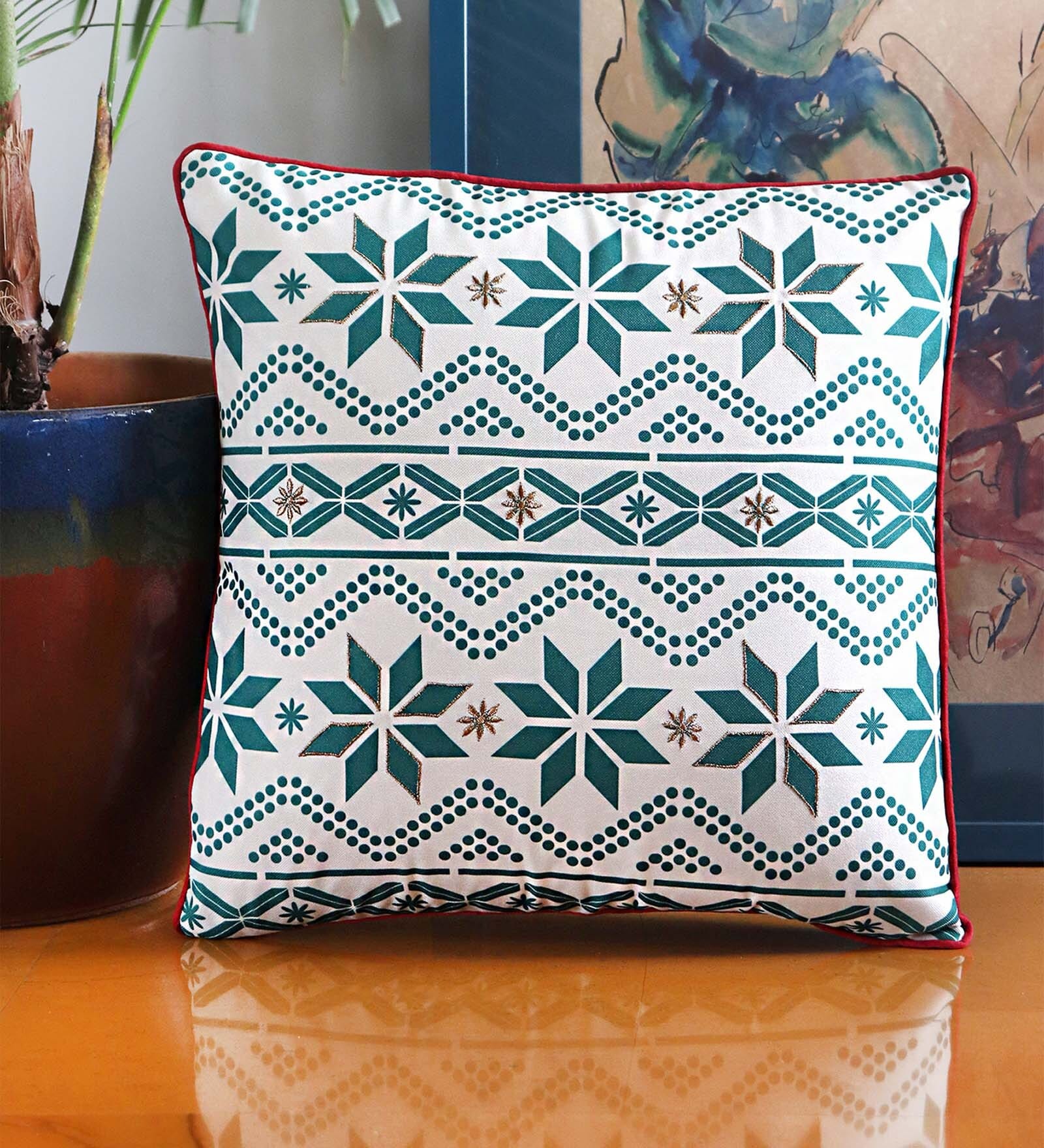 Green Traditional Cotton Blend 16 x 16 Inches Cushion Cover