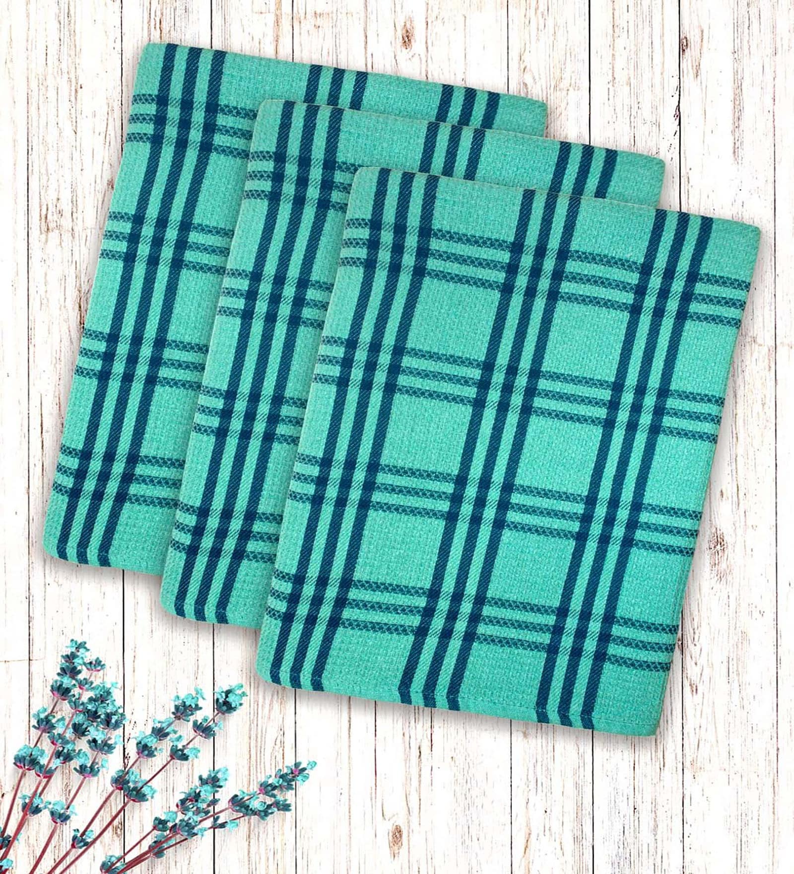 Green Cotton Checkered 215 GSM Bath Towels Pack of 3