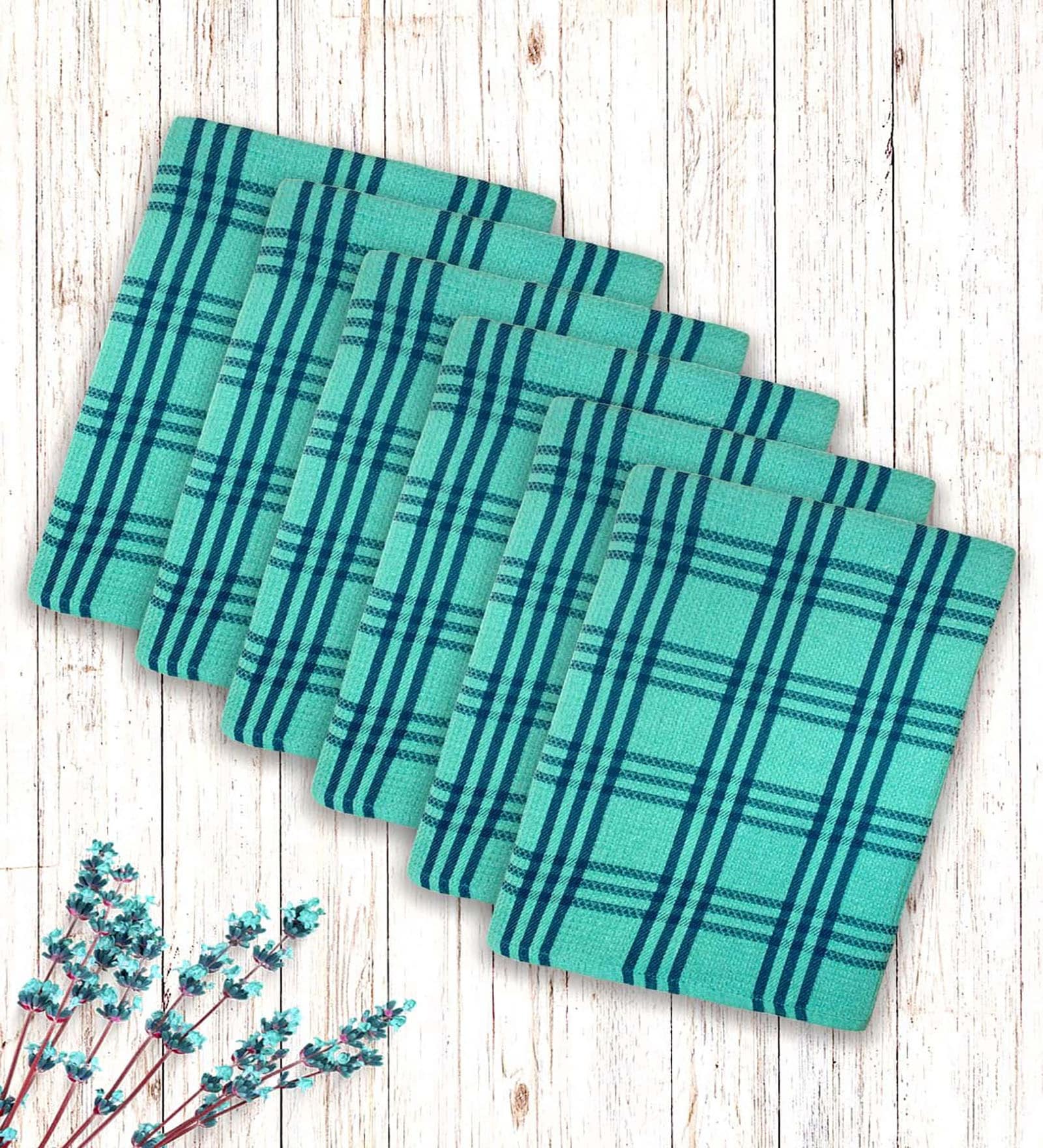 Green Cotton Checkered 215 GSM Bath Towels Pack of 6