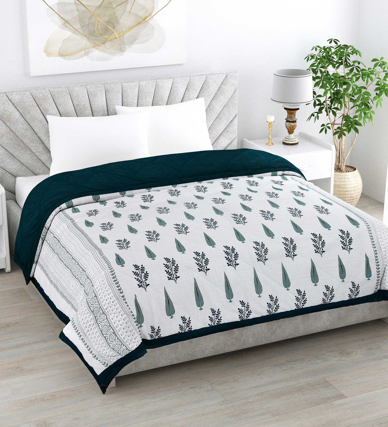 Buy Green Cotton Floral 150 GSM Double Bed Quilted Comforter by Jaipur ...