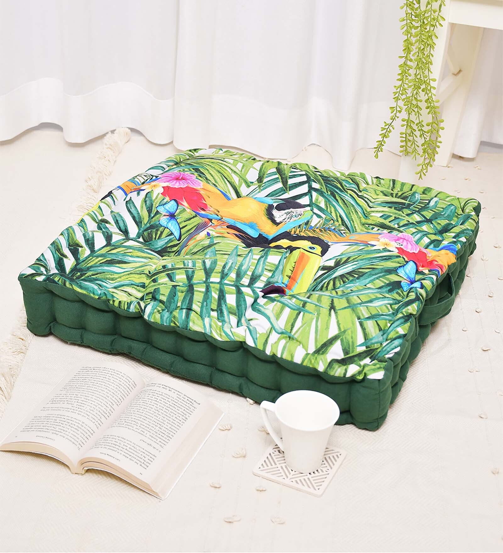 Green Cotton Floral 16x16 inches Floor Cushion