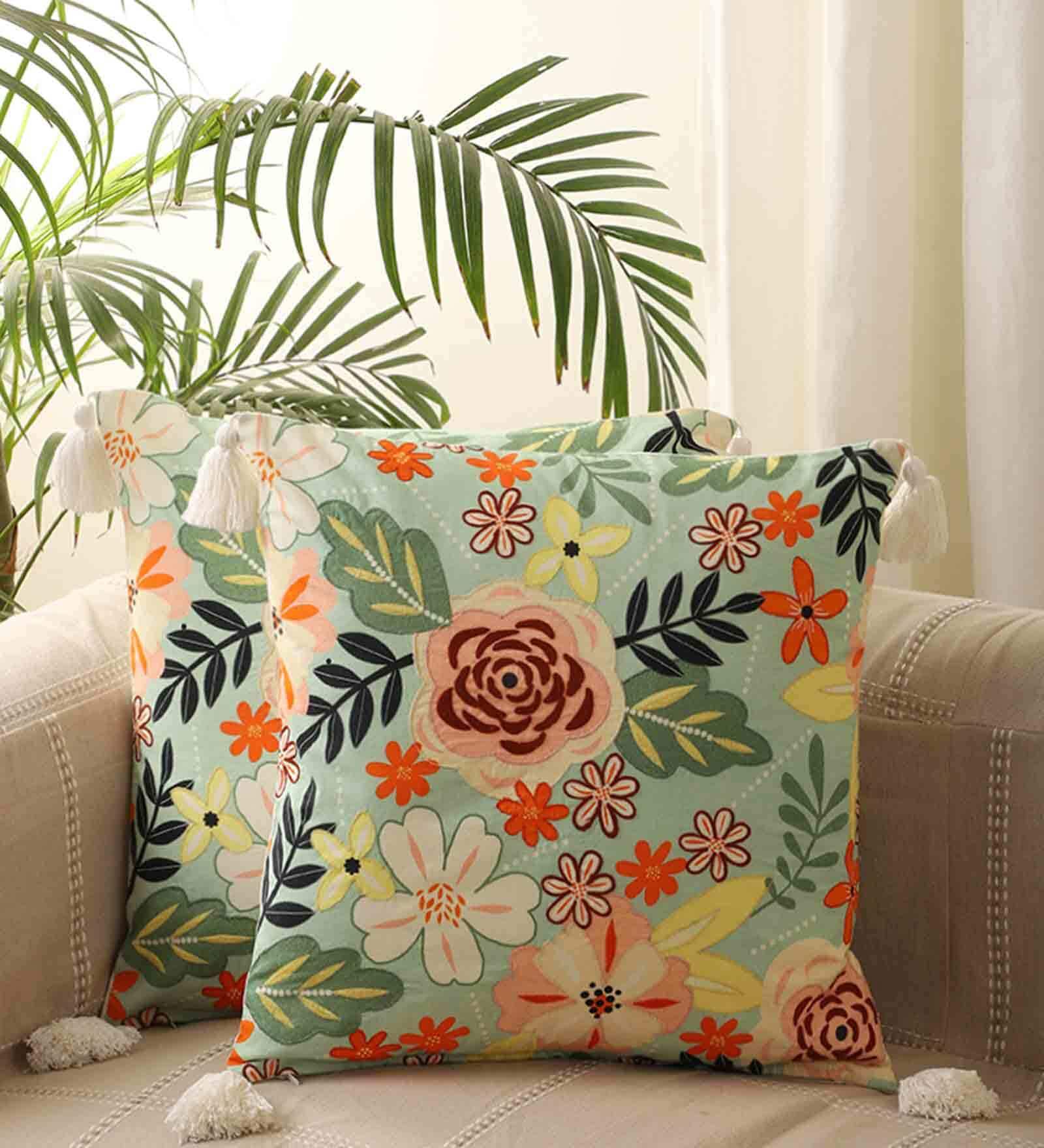 Green Cotton Floral 18x18 inches Cushion Cover (Set Of 5)