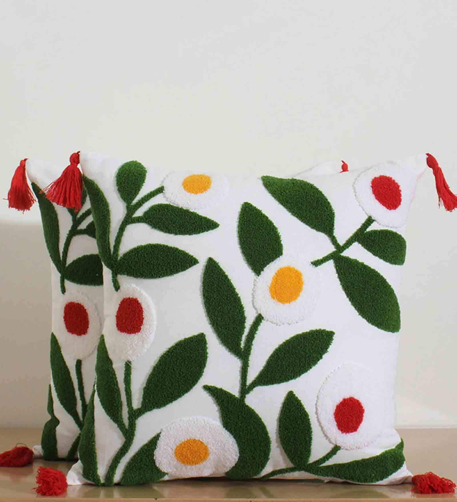 Green Cotton Floral 18x18 inches Cushion Cover (Set Of 2)