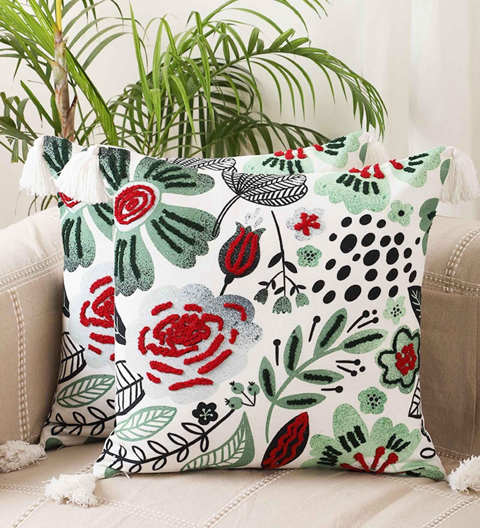 Green Cotton Floral 18x18 inches Cushion Covers (Set of 5)