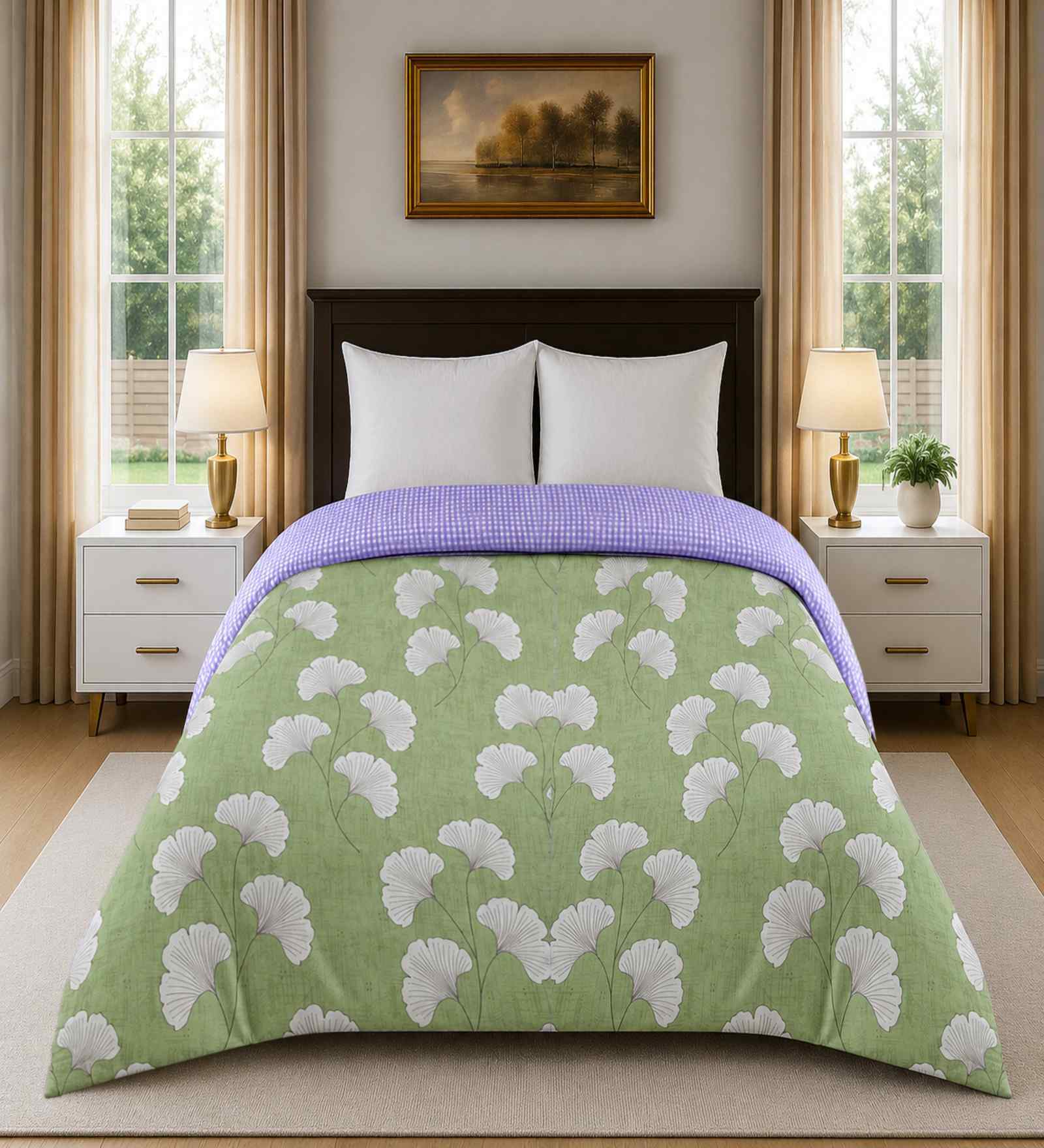 Green Cotton Floral 300 Gsm Double Bed Reversible Comforter