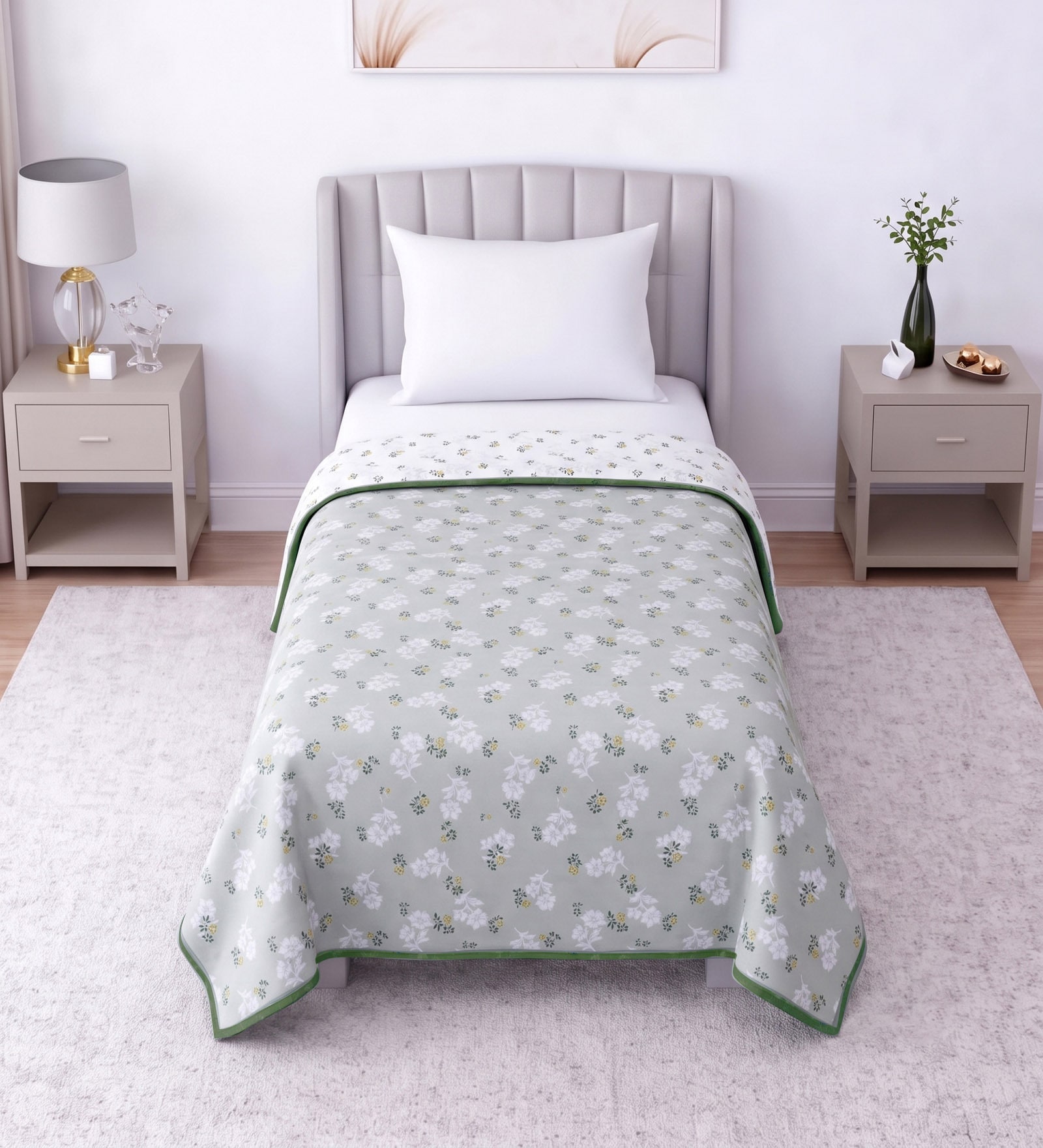 Green Cotton Floral 300 GSM Single Bed Reversible Dohar