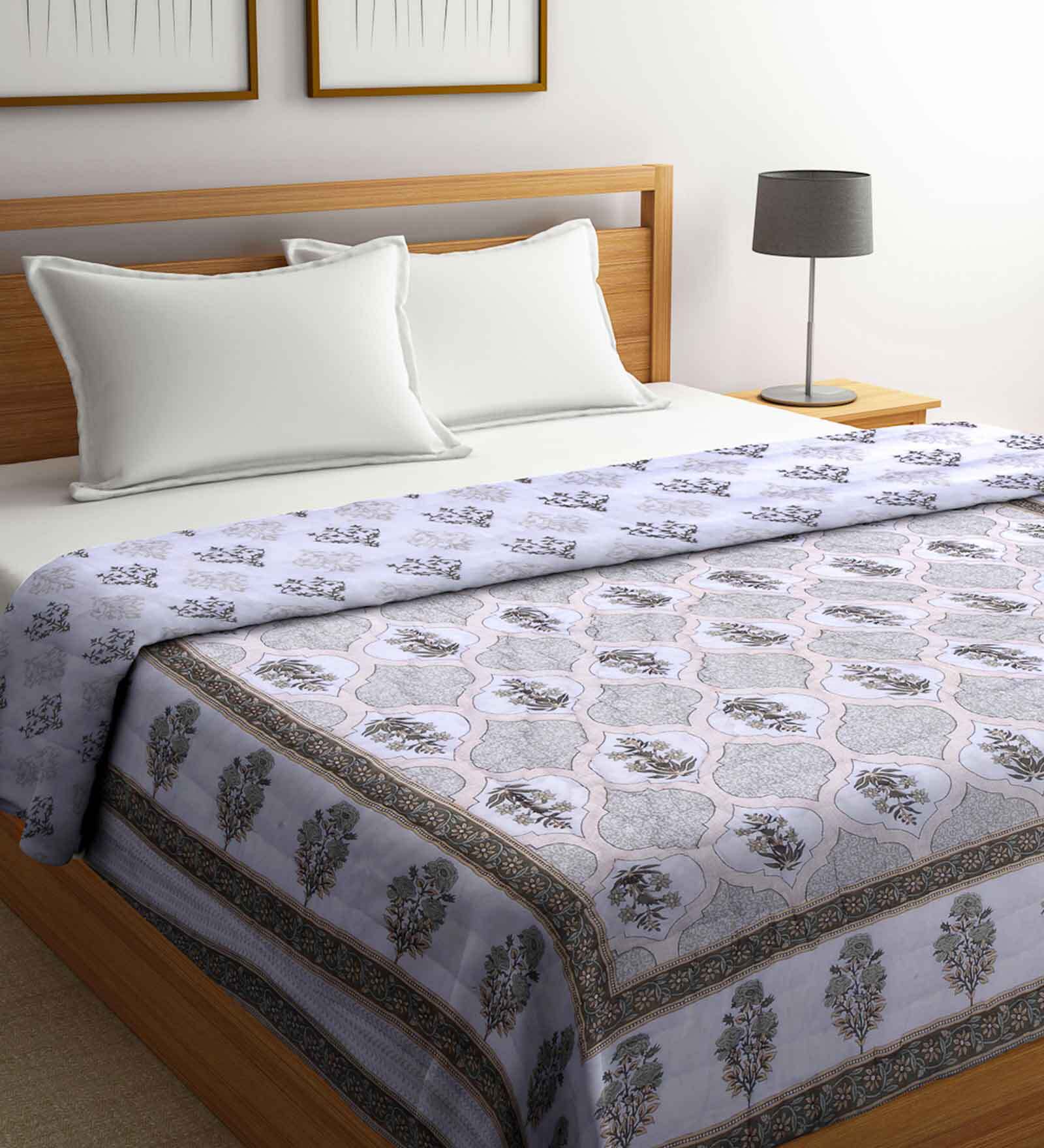 Green Cotton Floral 553 GSM Jaipuri Double Bed Quilt