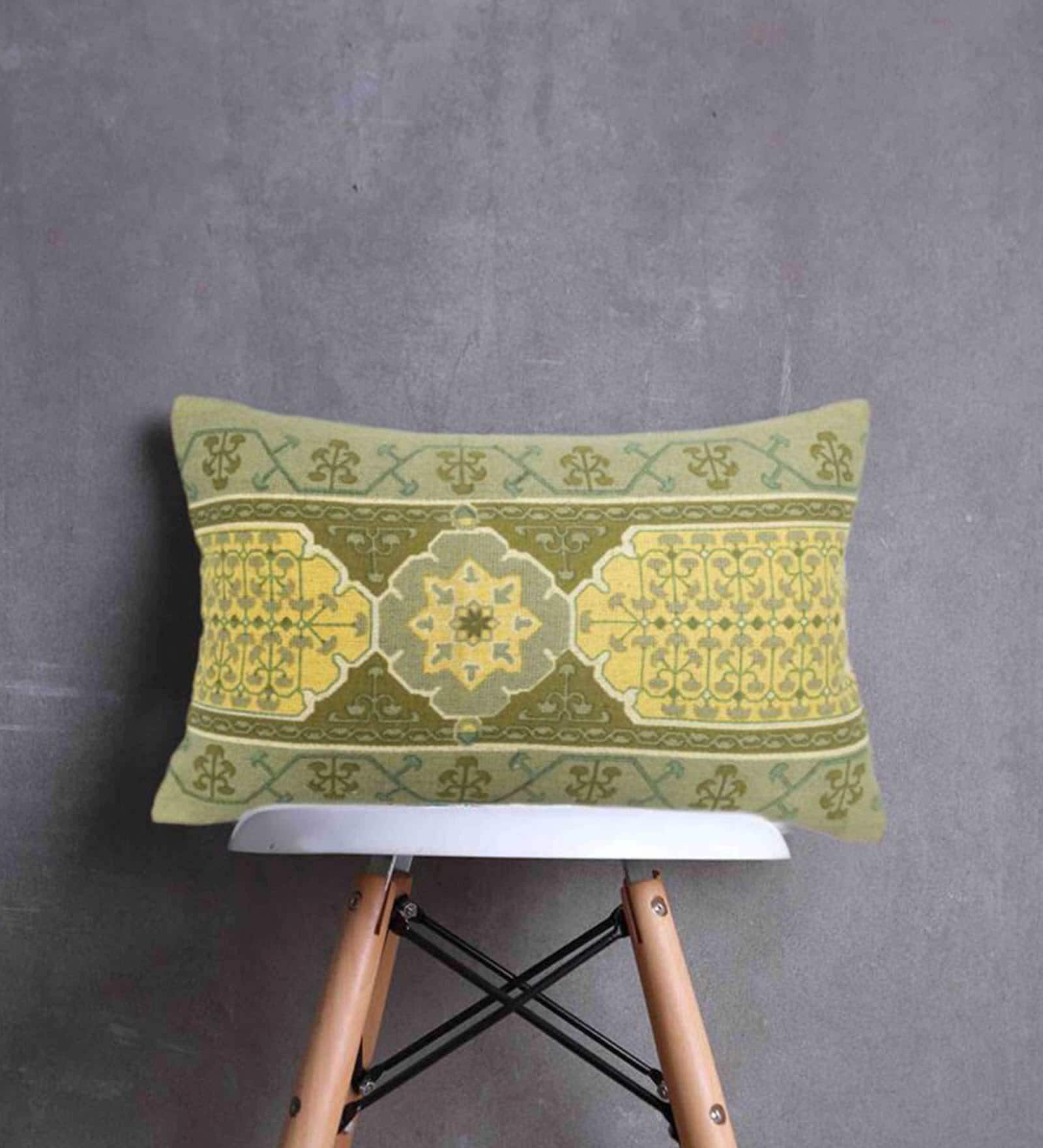 Green Traditional Cotton 22 x 14 Inches Cushion Cover