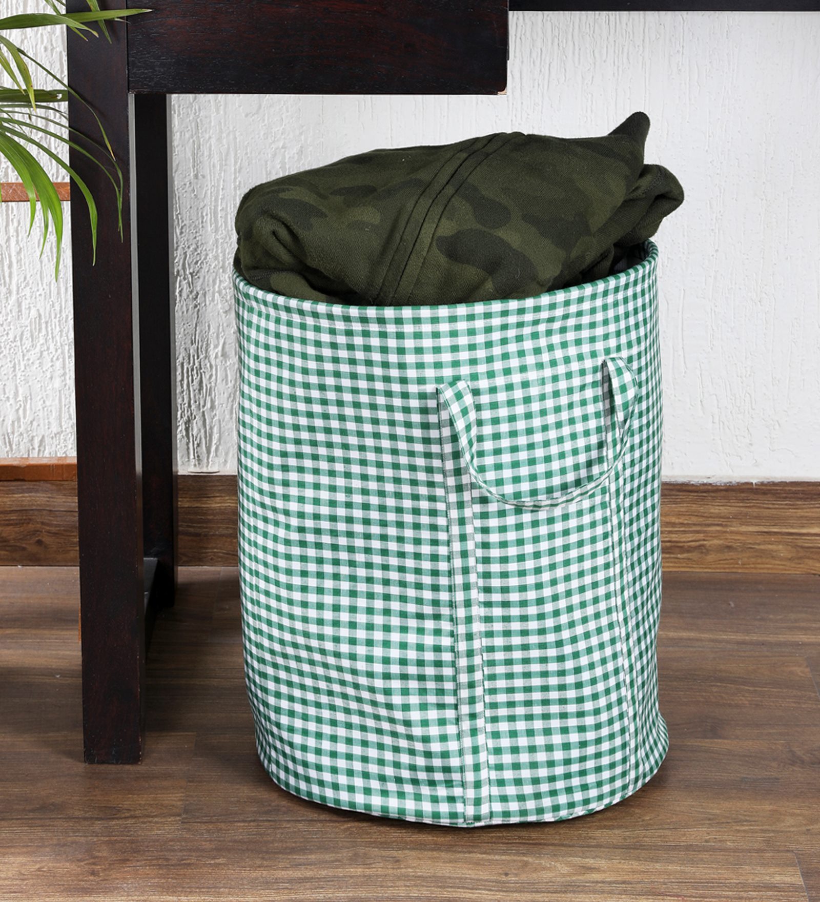 Green Checkered Cotton Foldable 54 Litres Laundry Basket