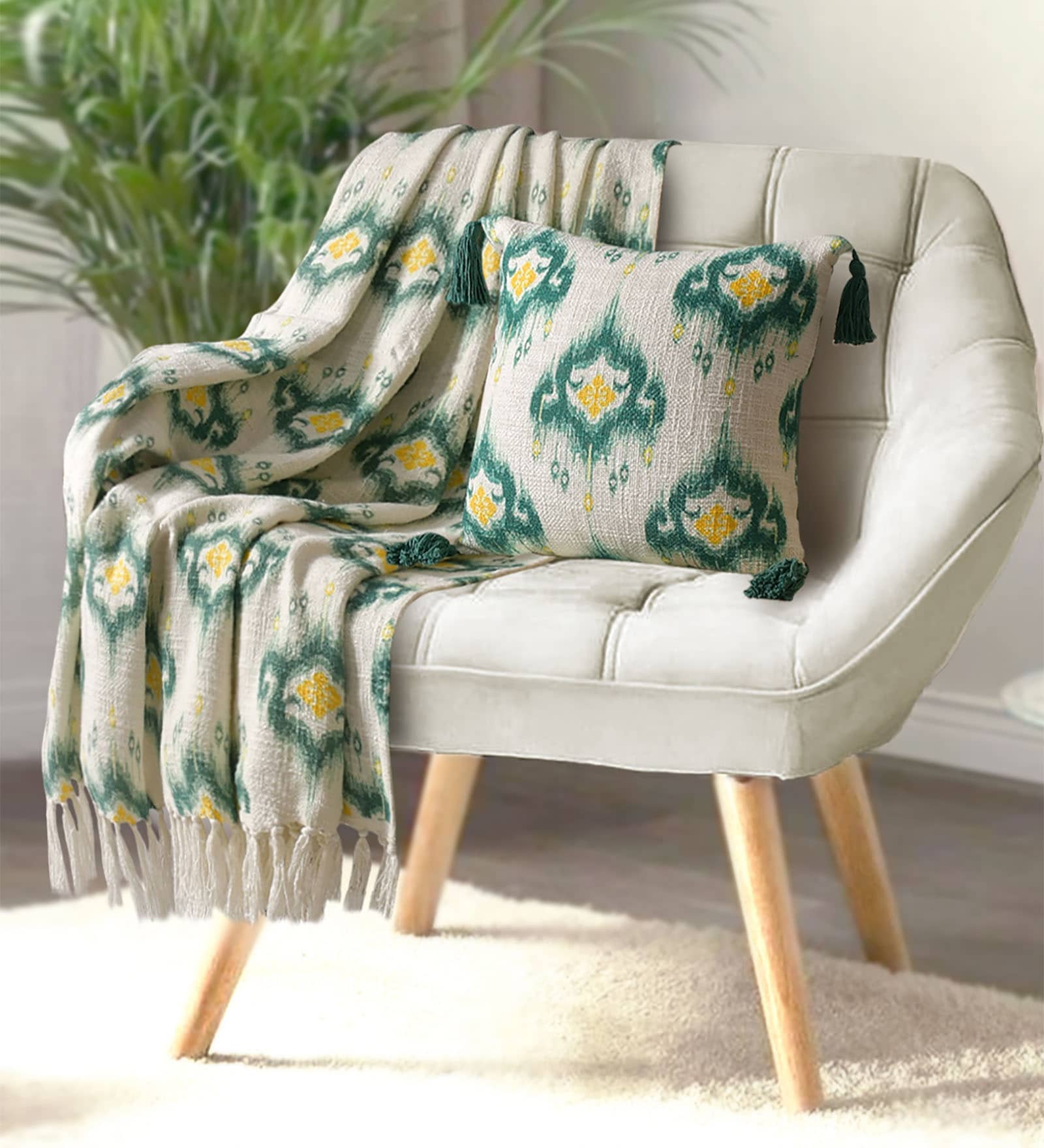Green Cotton Printed 59x51 Inches Throw with 1 Cushion Cover