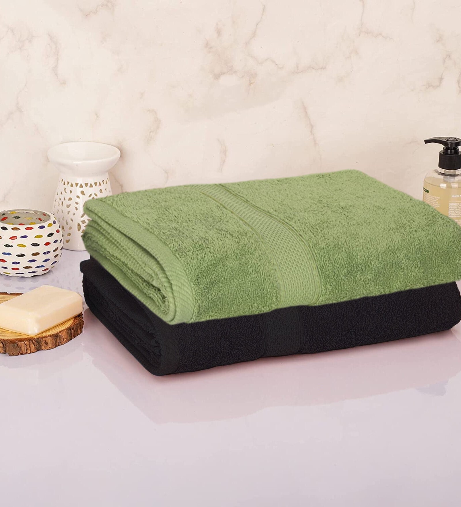 Green Cotton Solid 330 GSM Bath Towels (Set of 2)