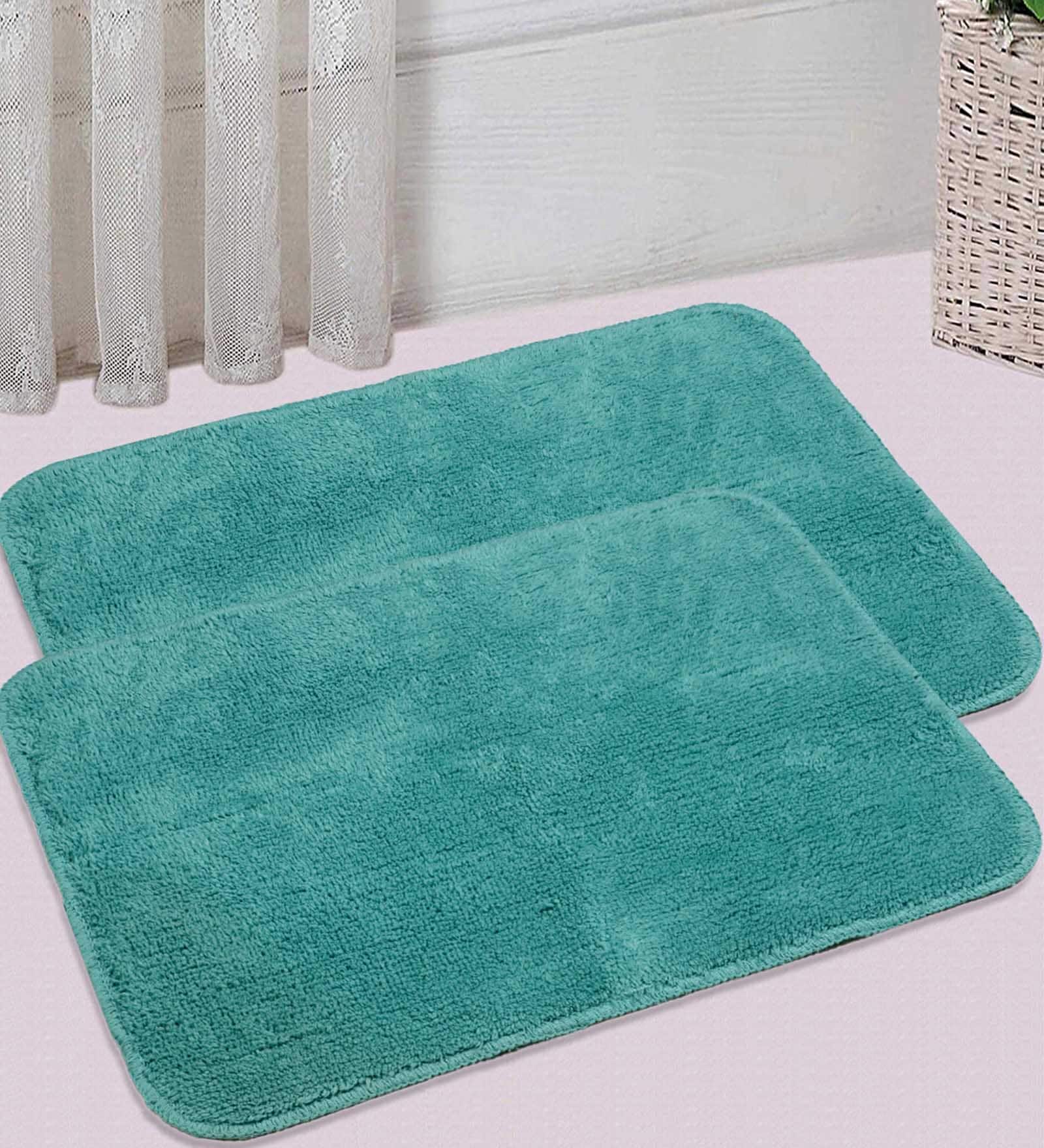 Green Solid Cotton 31x19 Inches AntiSkid Bath Mats (Set of 2)