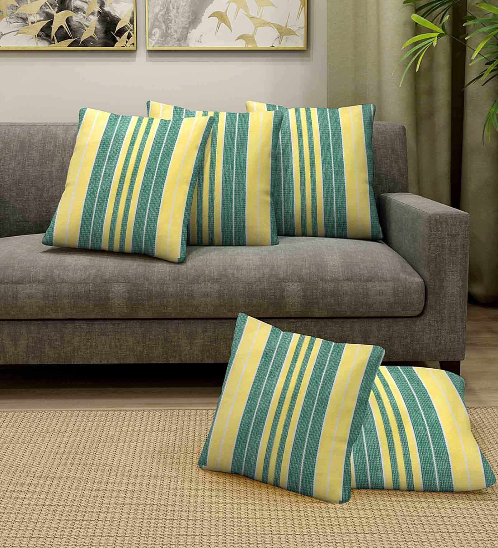 Green Cotton Striped 14 x 14 inch Set of 5 Cushion Covers