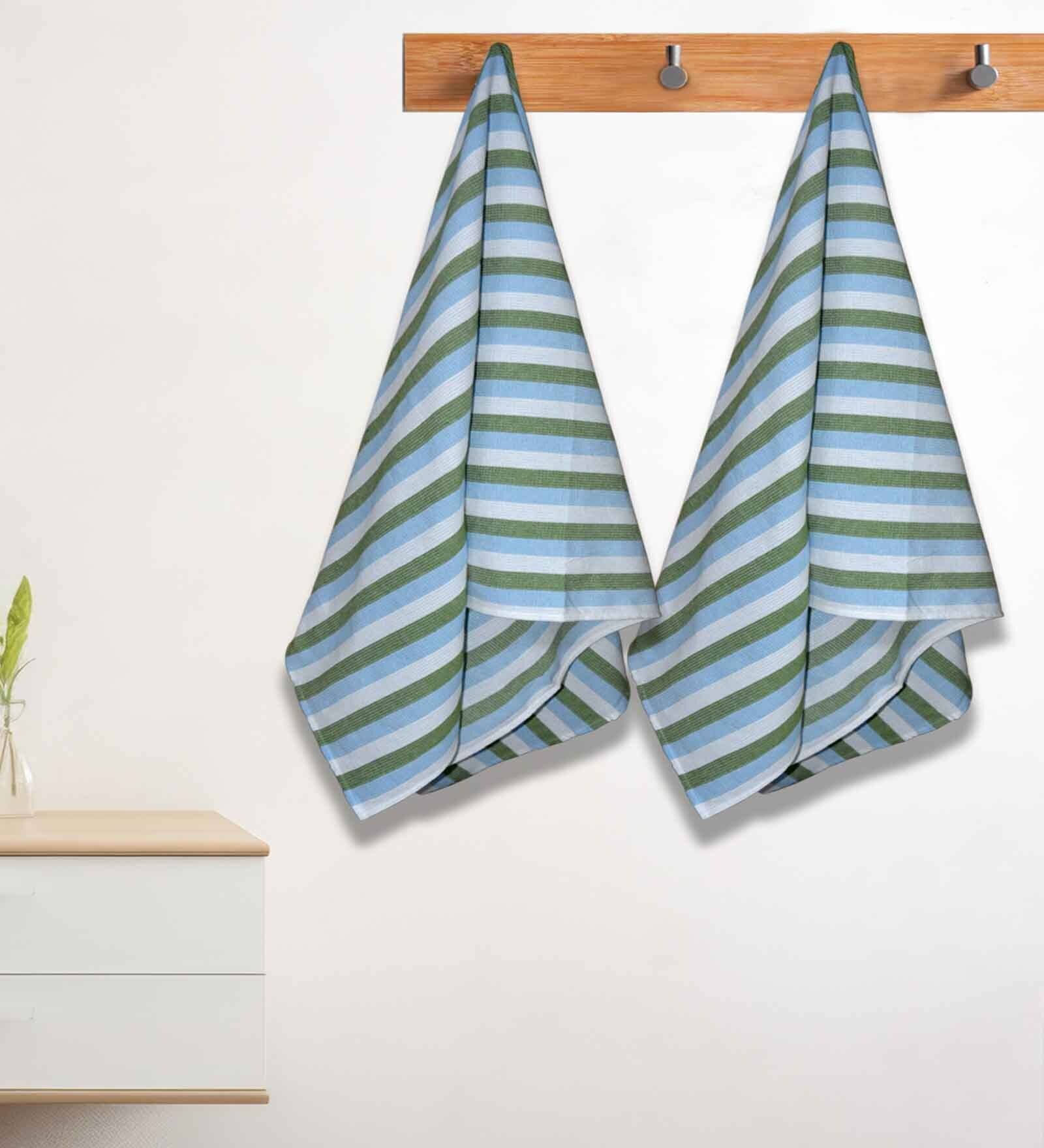 Green Cotton Striped 220 GSM Bath Towels 2 Pc