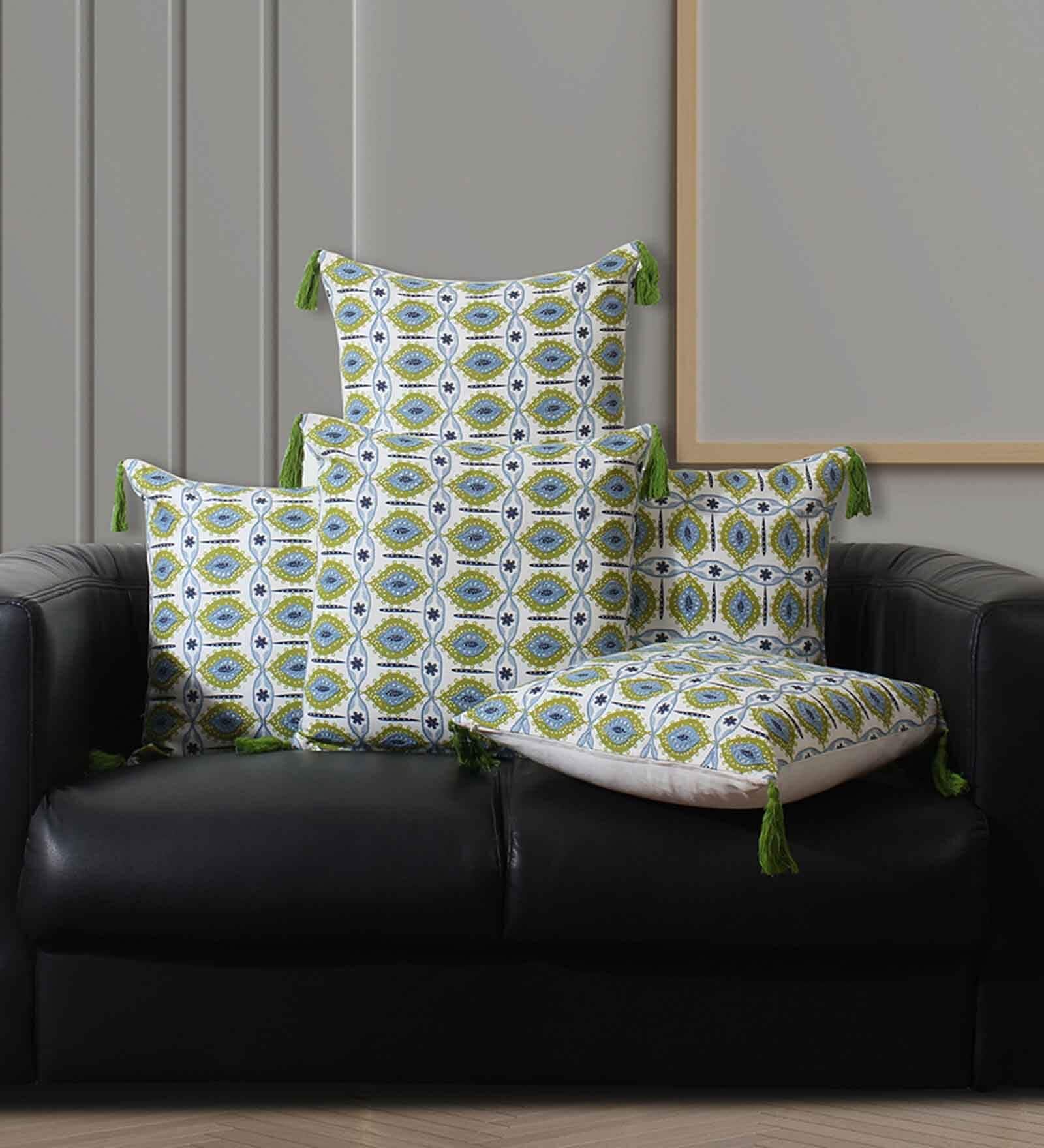 Green Cotton Traditional 18x18 inches Cushion Covers (Set of 5)