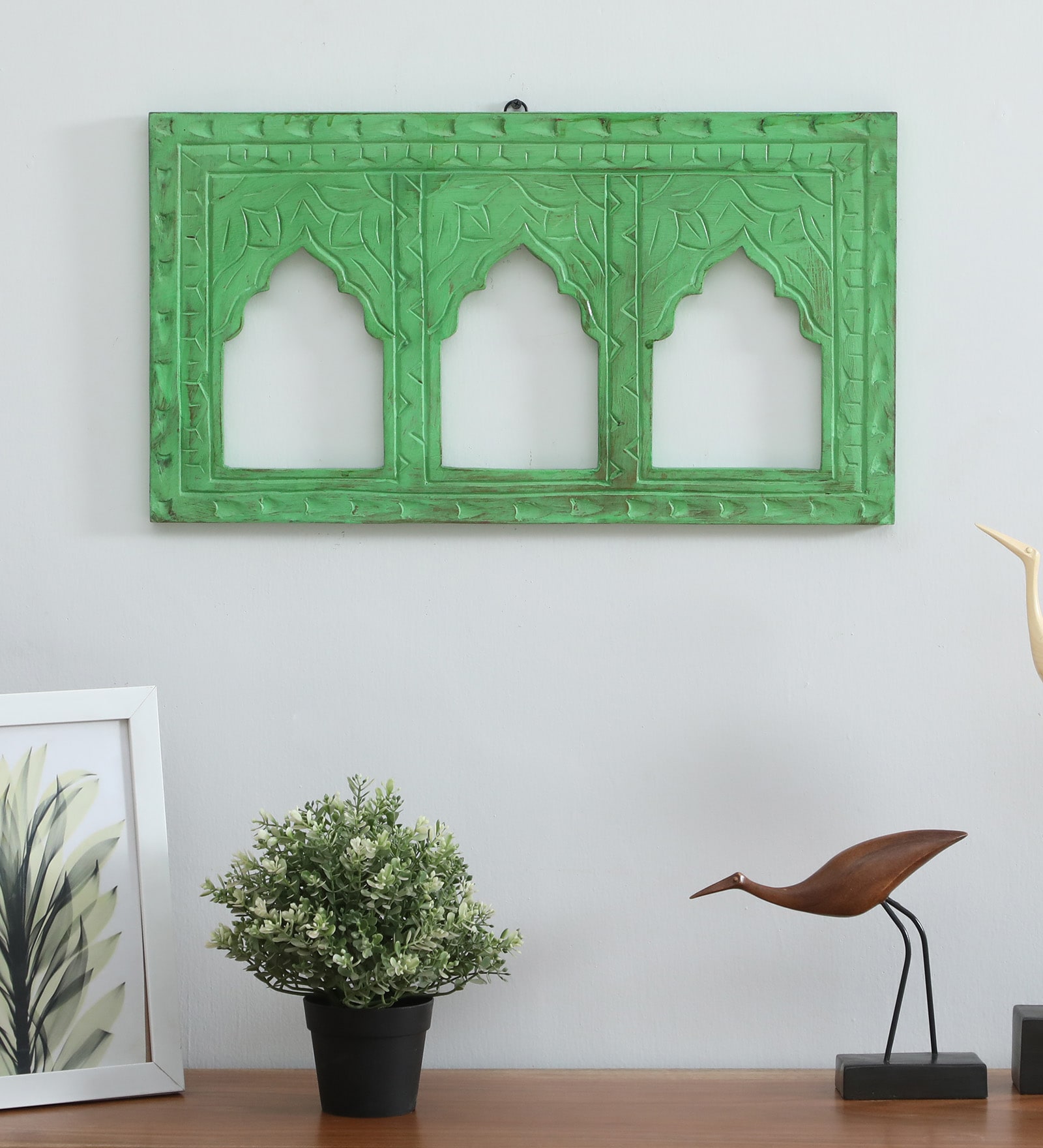 Green Distress Color Handpainted Engineered Wood Carving Jharokha Frame