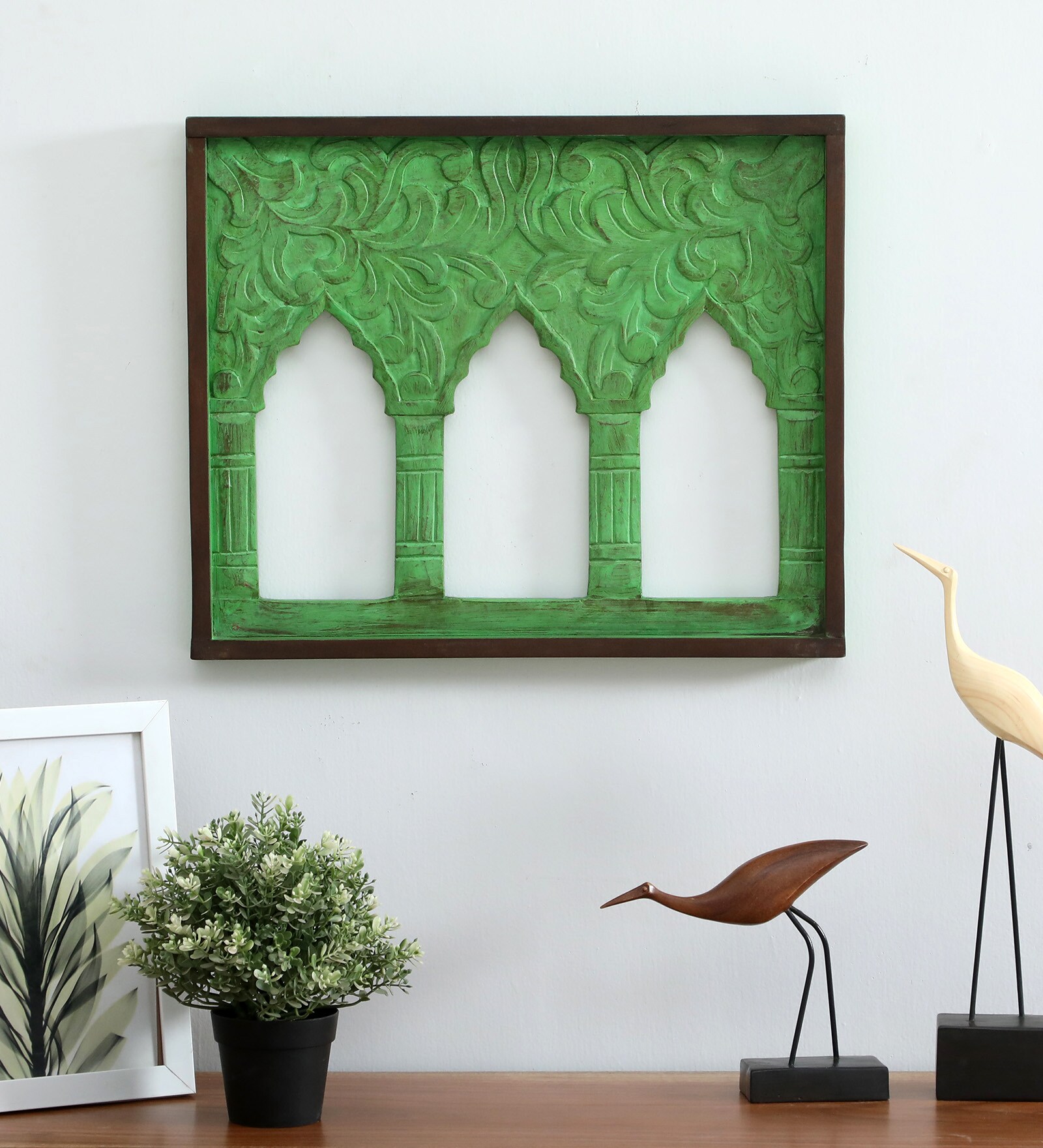 Green Distress Color Handpainted Engineered Wood Carving Jharokha Frame